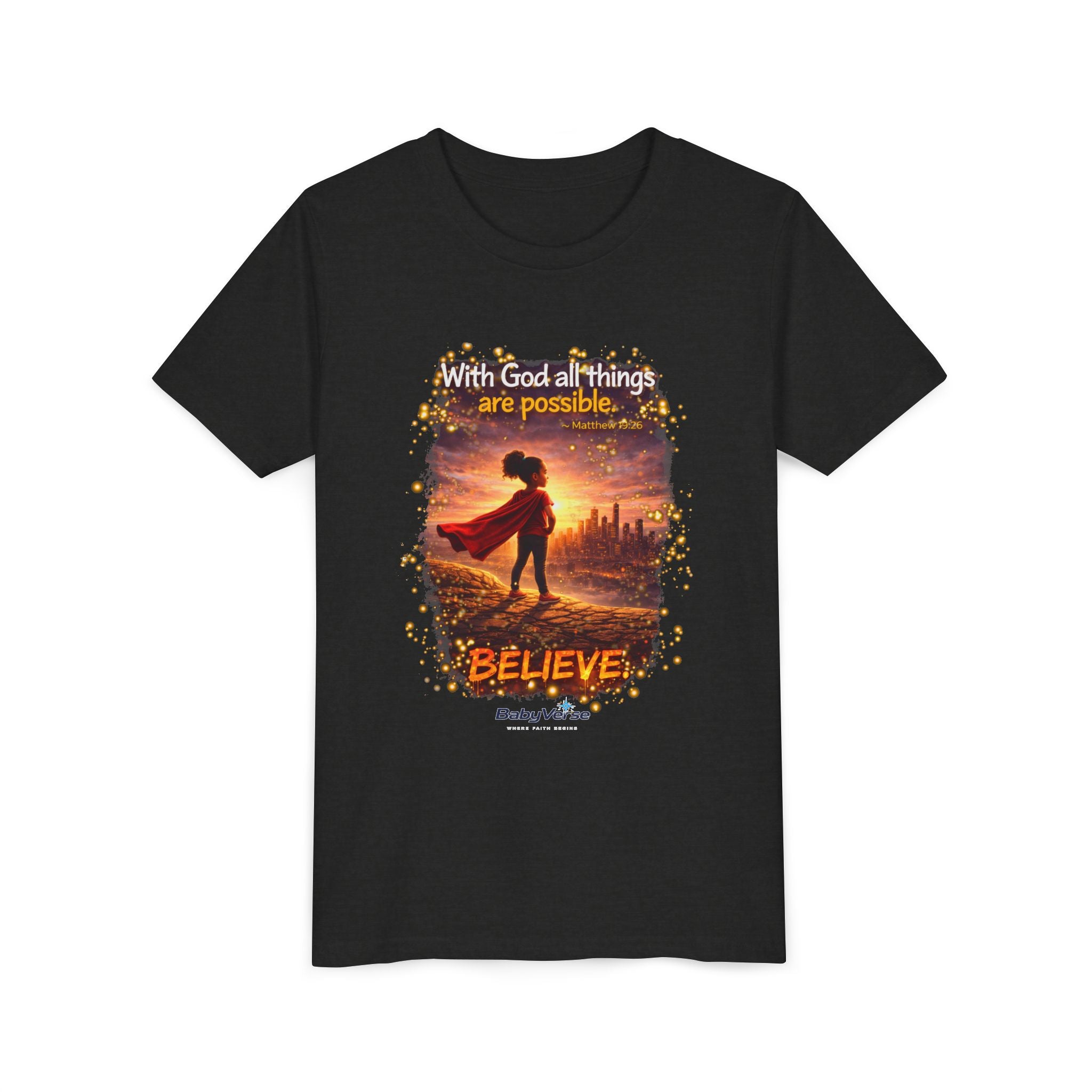 Youth Christian T-Shirt “Believe” | Matthew 19:26 Faith Kids Shirt | Inspirational Bible Verse Youth Tee