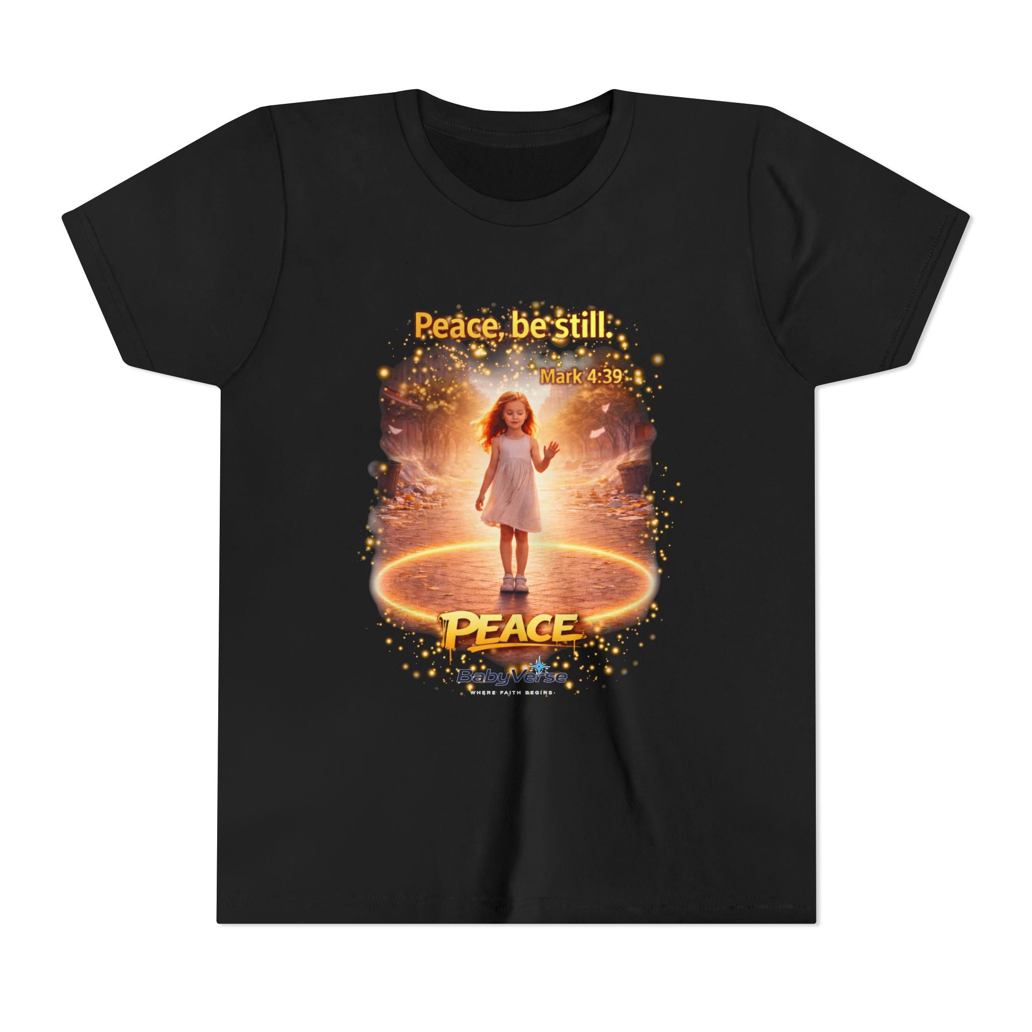 Youth Christian T-Shirt “Peace Be Still” | Mark 4:39 Kids Faith Shirt | Bible Verse Youth Tee