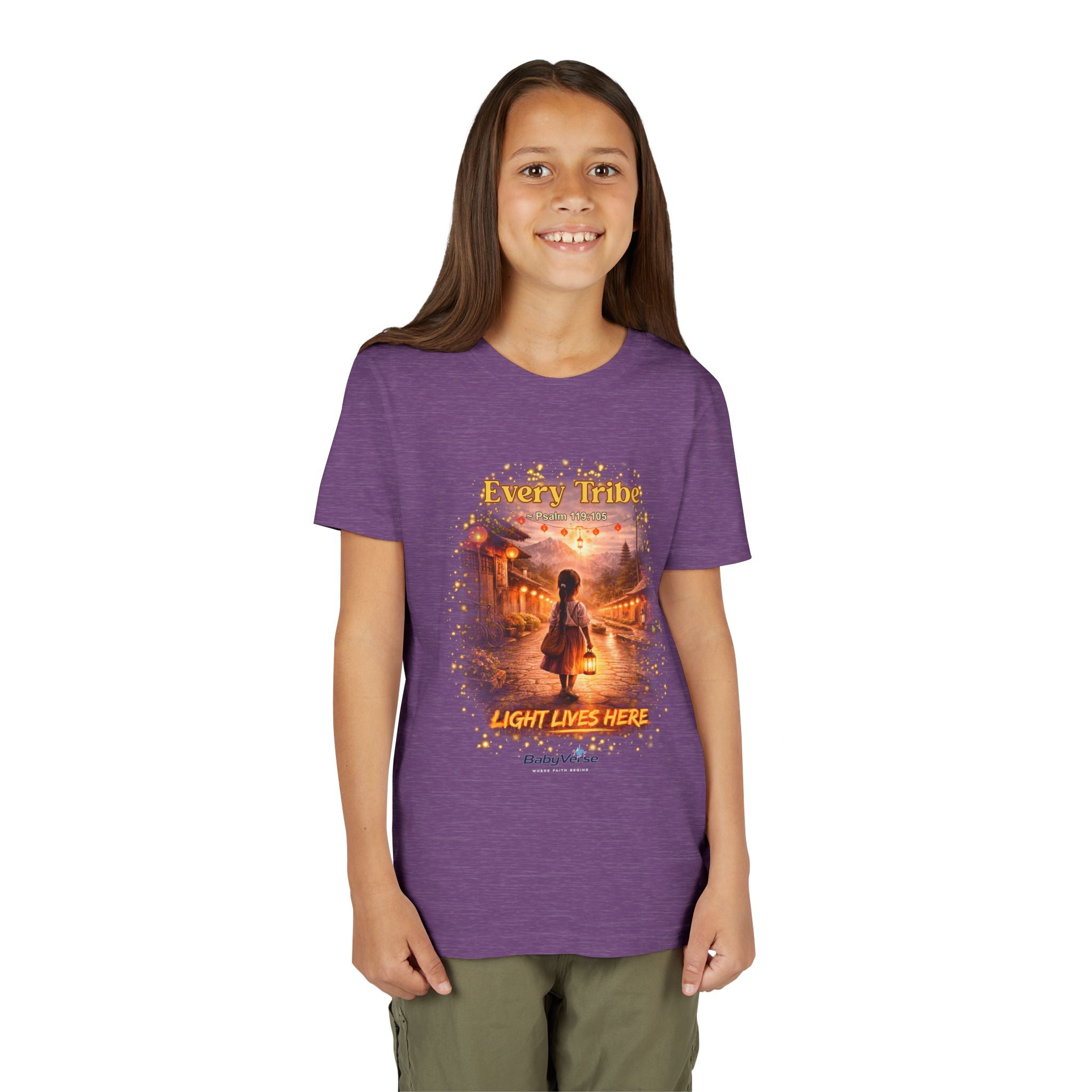 Youth Christian T-Shirt “Light Lives Here” | Psalm 119:105 Faith Kids Shirt | Inspirational Youth Tee