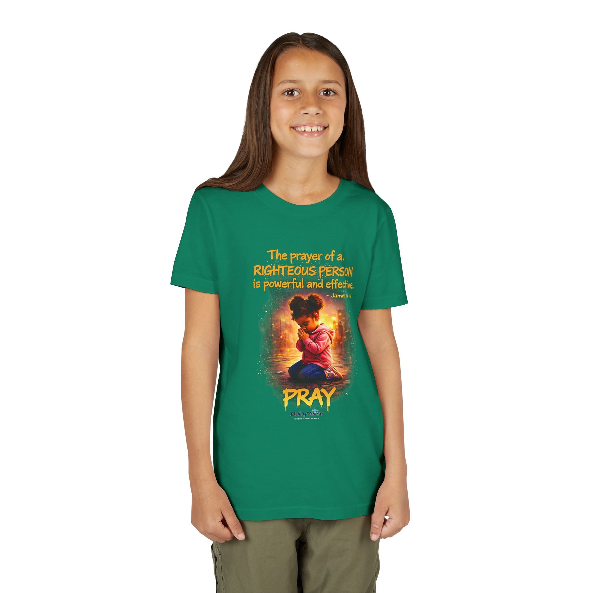 Youth Christian T-Shirt “Pray” | James 5:16 Faith Kids Shirt | Inspirational Youth Tee