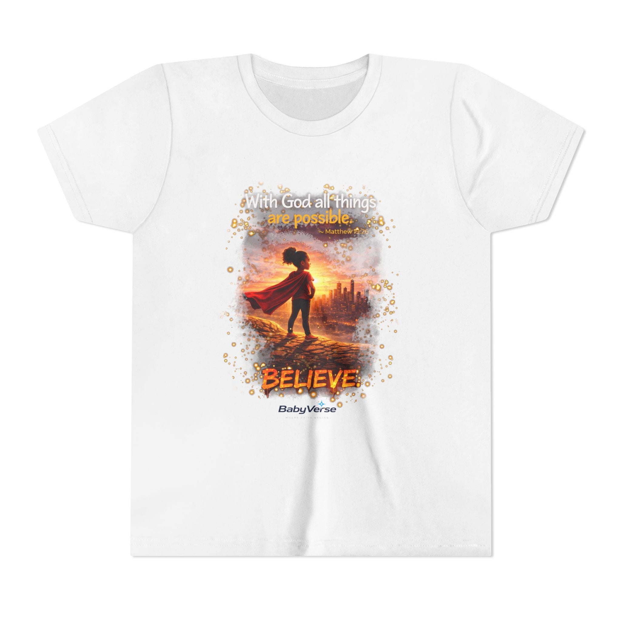 Youth Christian T-Shirt “Believe” | Matthew 19:26 Faith Kids Shirt | Inspirational Bible Verse Youth Tee
