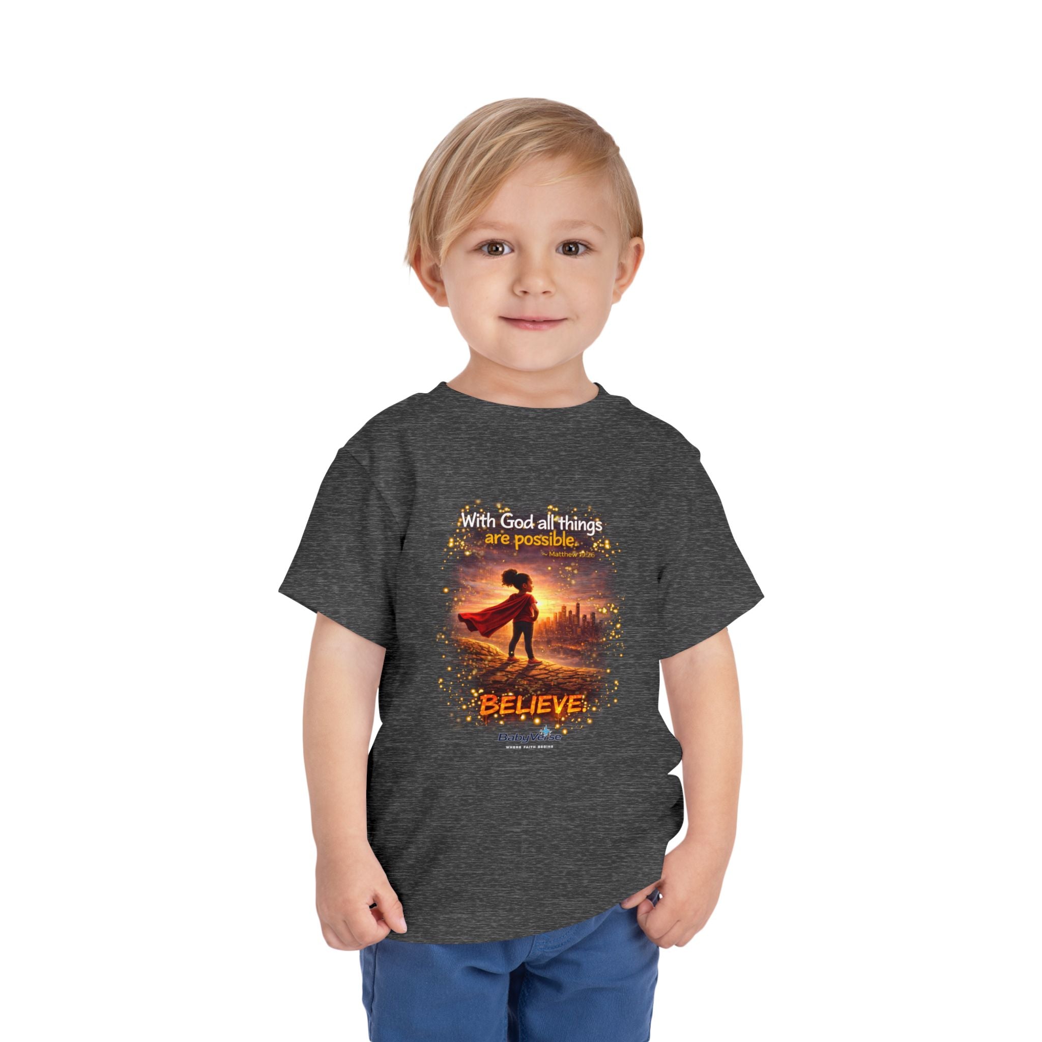 Toddler Tee — “Believe” Inspirational Christian Tee | Matthew 19:26 Bible Verse Faith Shirt for Kids