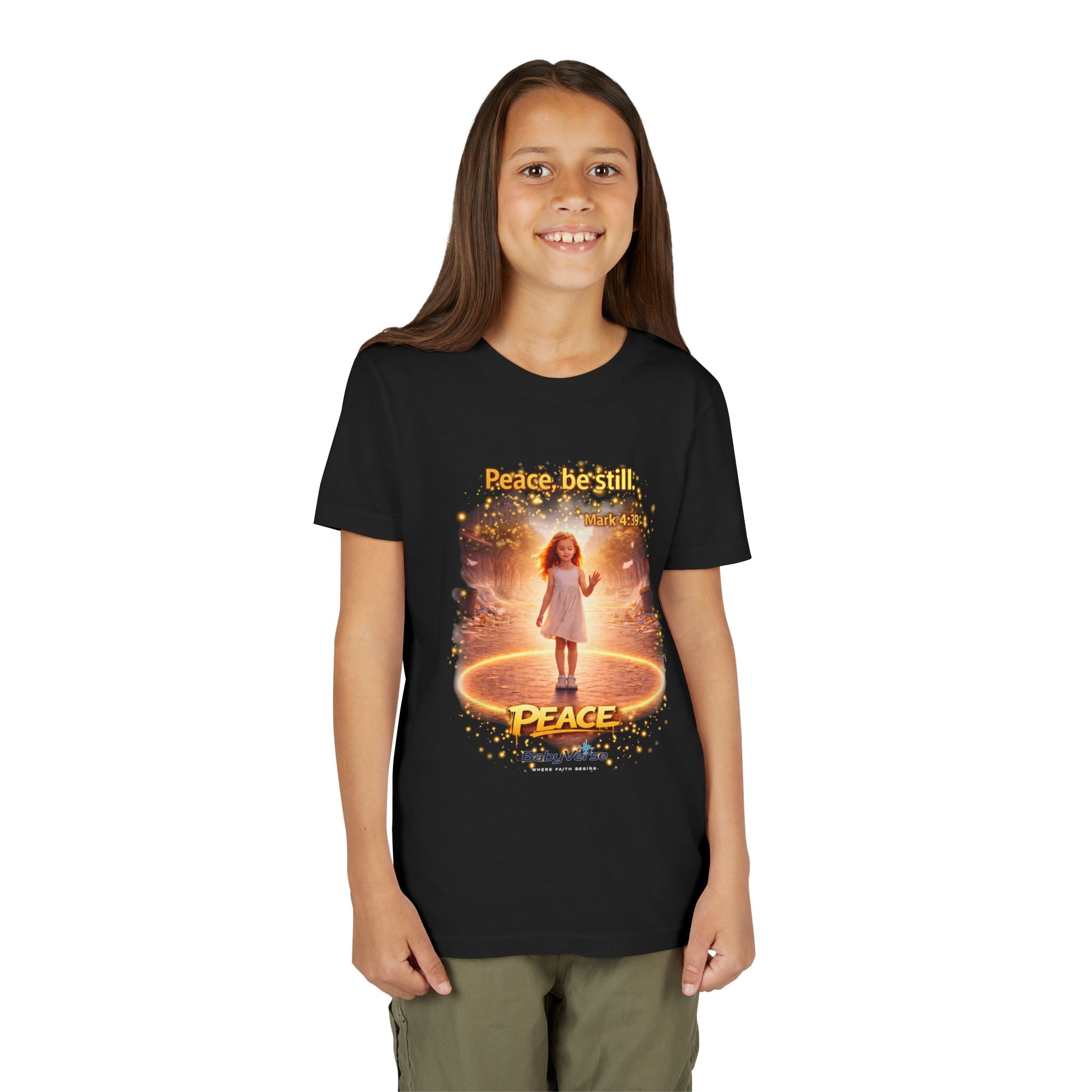 Youth Christian T-Shirt “Peace Be Still” | Mark 4:39 Kids Faith Shirt | Bible Verse Youth Tee