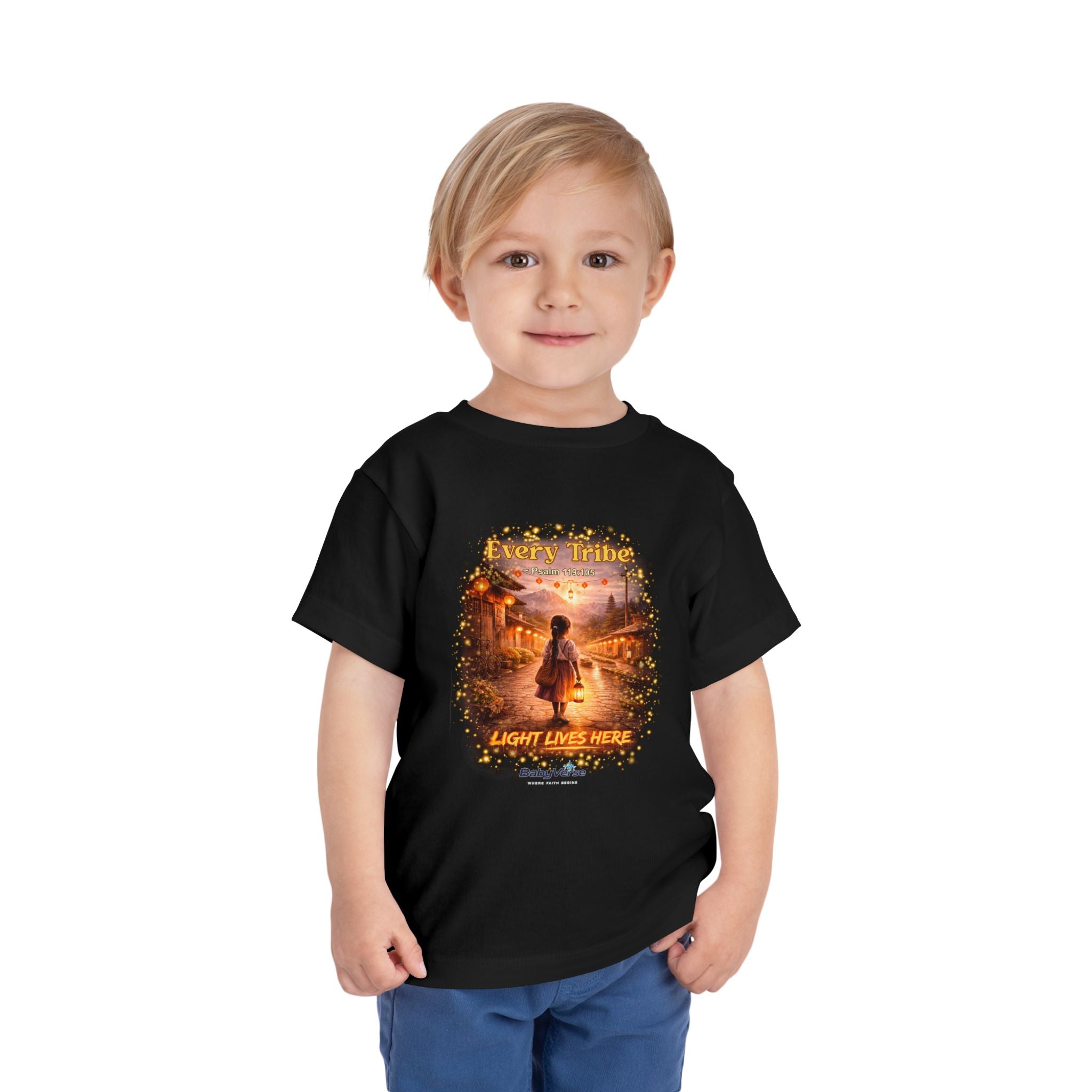 Toddler Tee — “Light Lives Here” Inspirational Christian Tee | Psalm 119:105 Faith Shirt for Kids