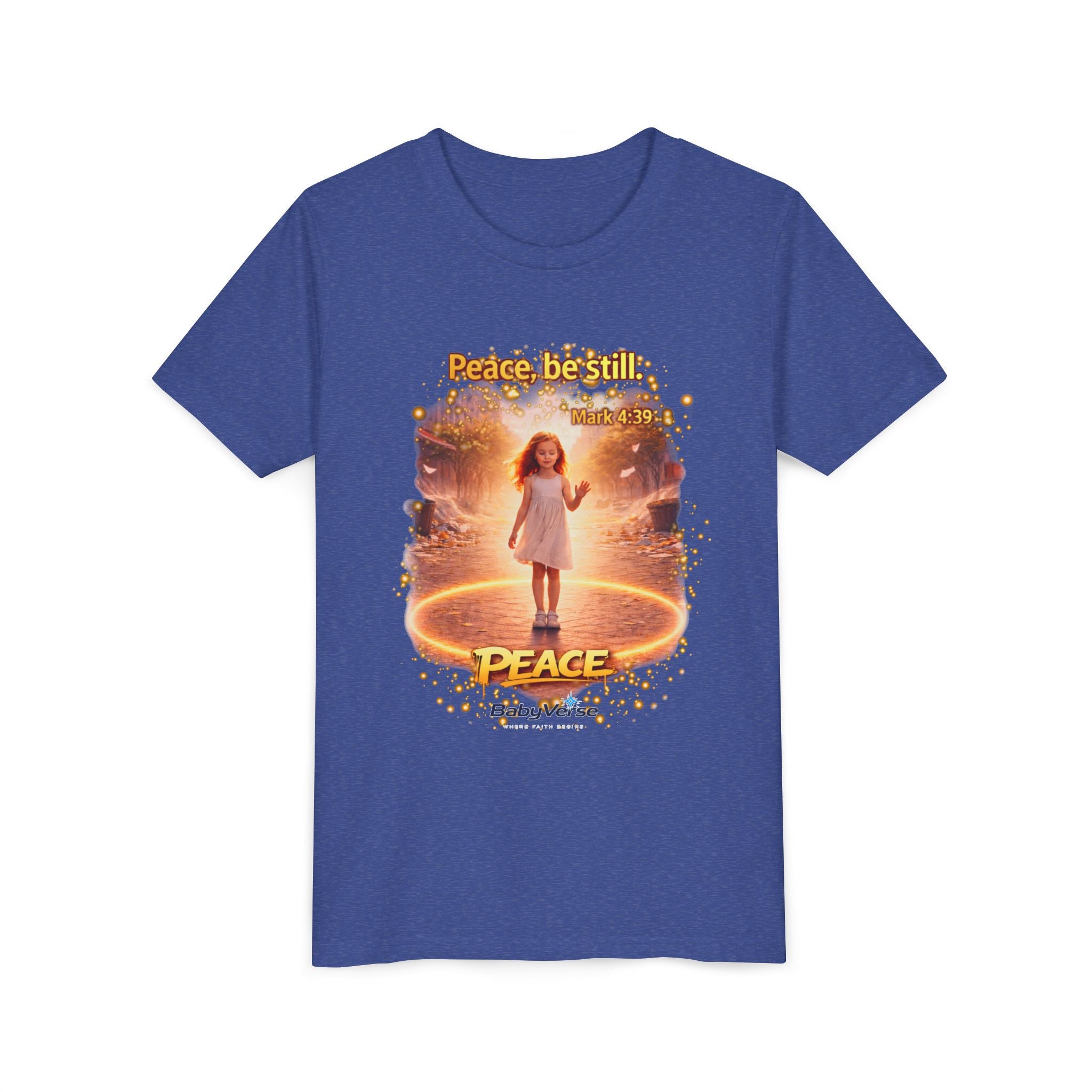 Youth Christian T-Shirt “Peace Be Still” | Mark 4:39 Kids Faith Shirt | Bible Verse Youth Tee