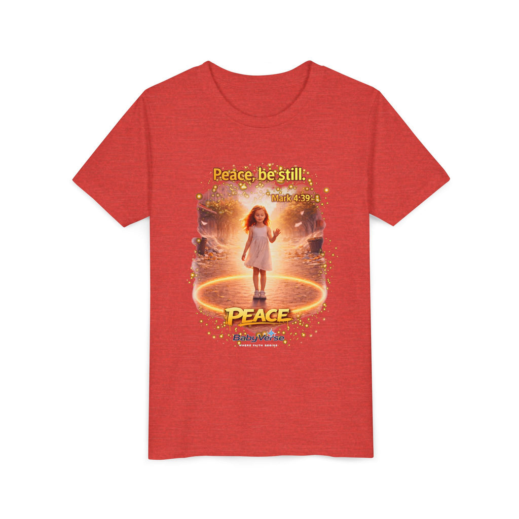 Youth Christian T-Shirt “Peace Be Still” | Mark 4:39 Kids Faith Shirt | Bible Verse Youth Tee