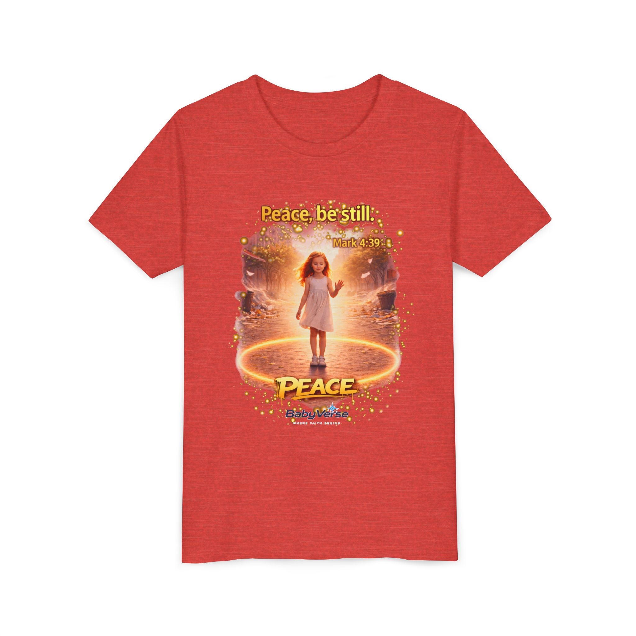 Youth Christian T-Shirt “Peace Be Still” | Mark 4:39 Kids Faith Shirt | Bible Verse Youth Tee