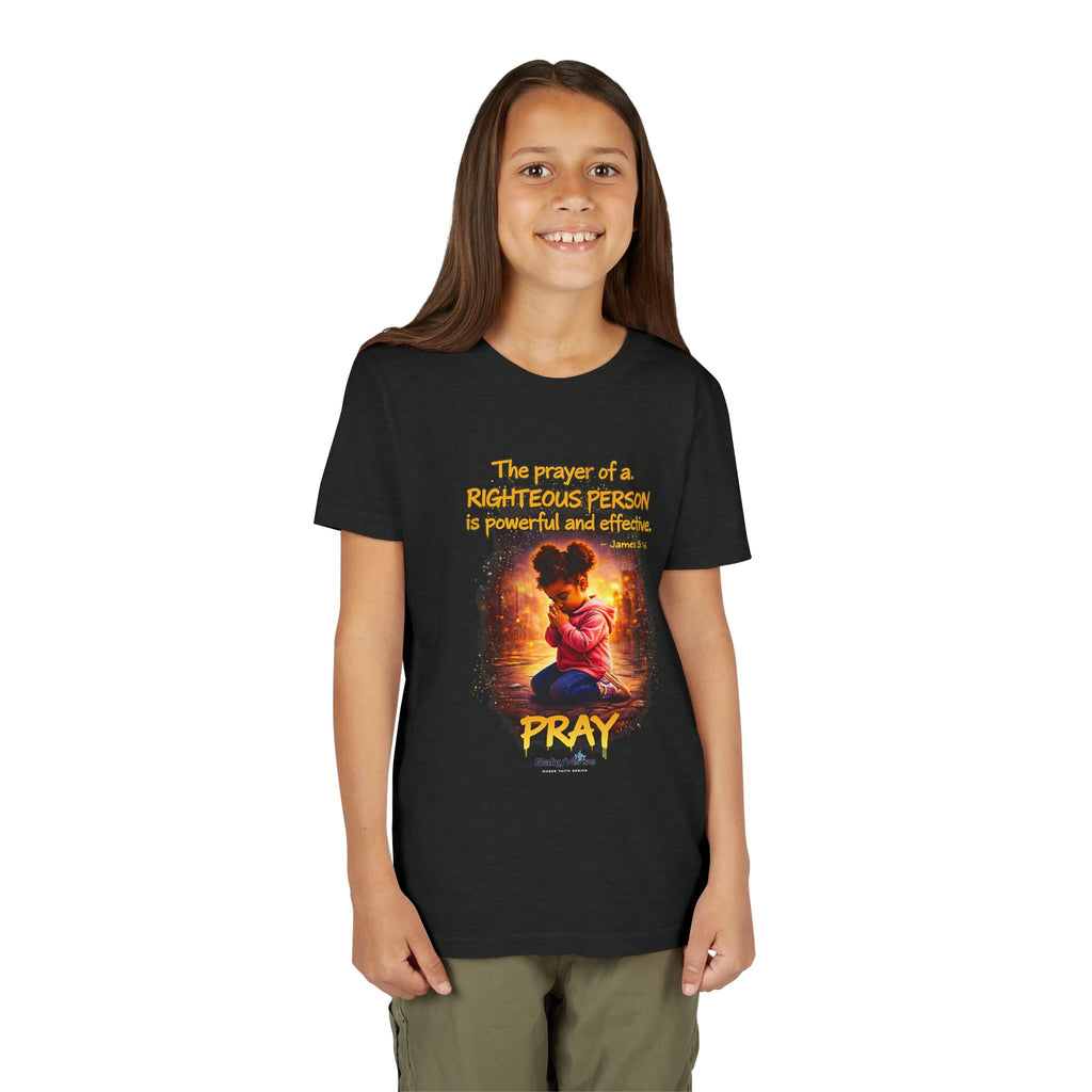 Youth Christian T-Shirt “Pray” | James 5:16 Faith Kids Shirt | Inspirational Youth Tee