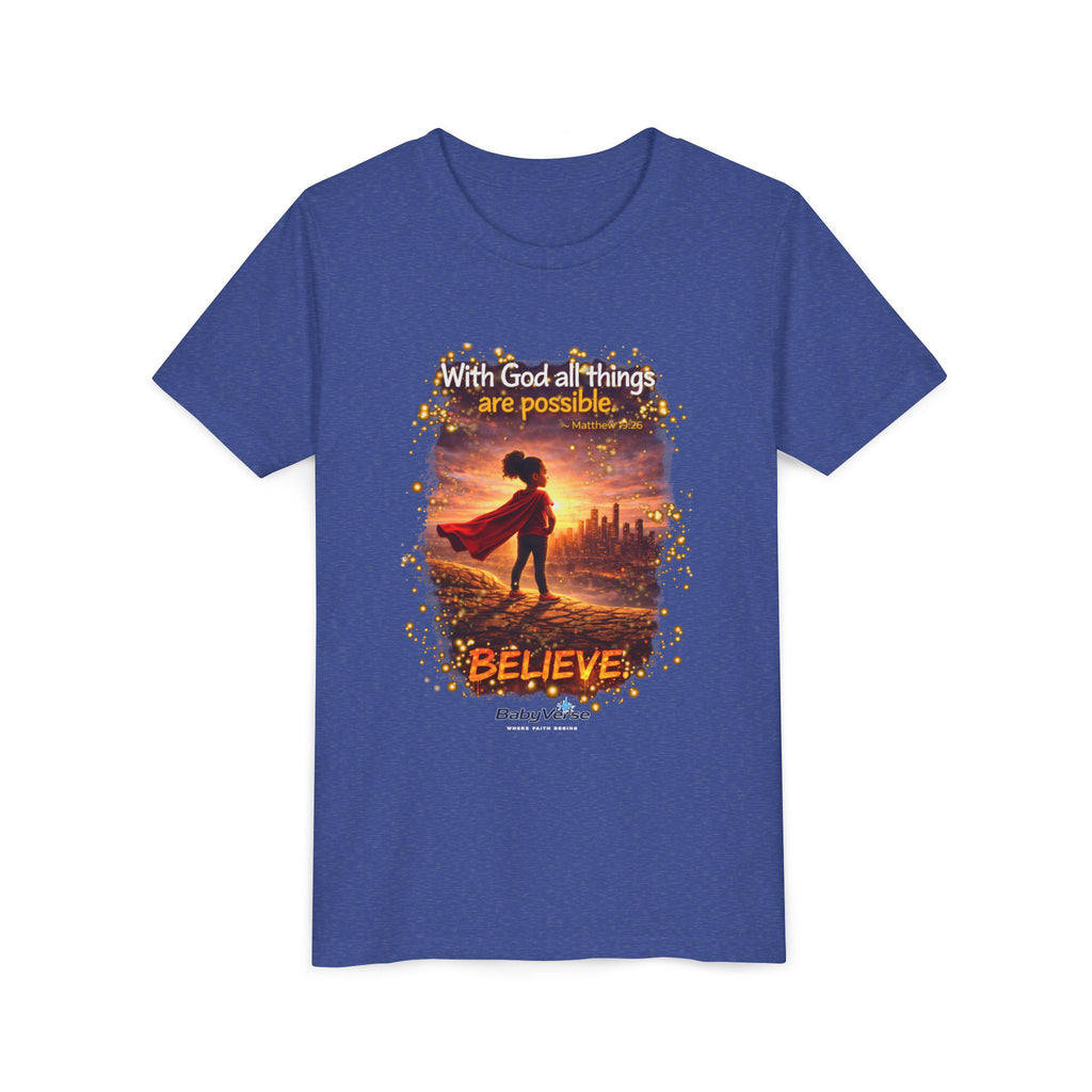Youth Christian T-Shirt “Believe” | Matthew 19:26 Faith Kids Shirt | Inspirational Bible Verse Youth Tee