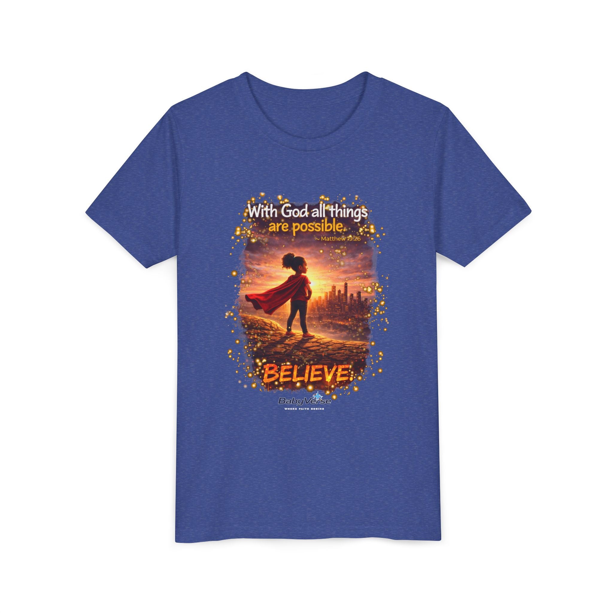 Youth Christian T-Shirt “Believe” | Matthew 19:26 Faith Kids Shirt | Inspirational Bible Verse Youth Tee