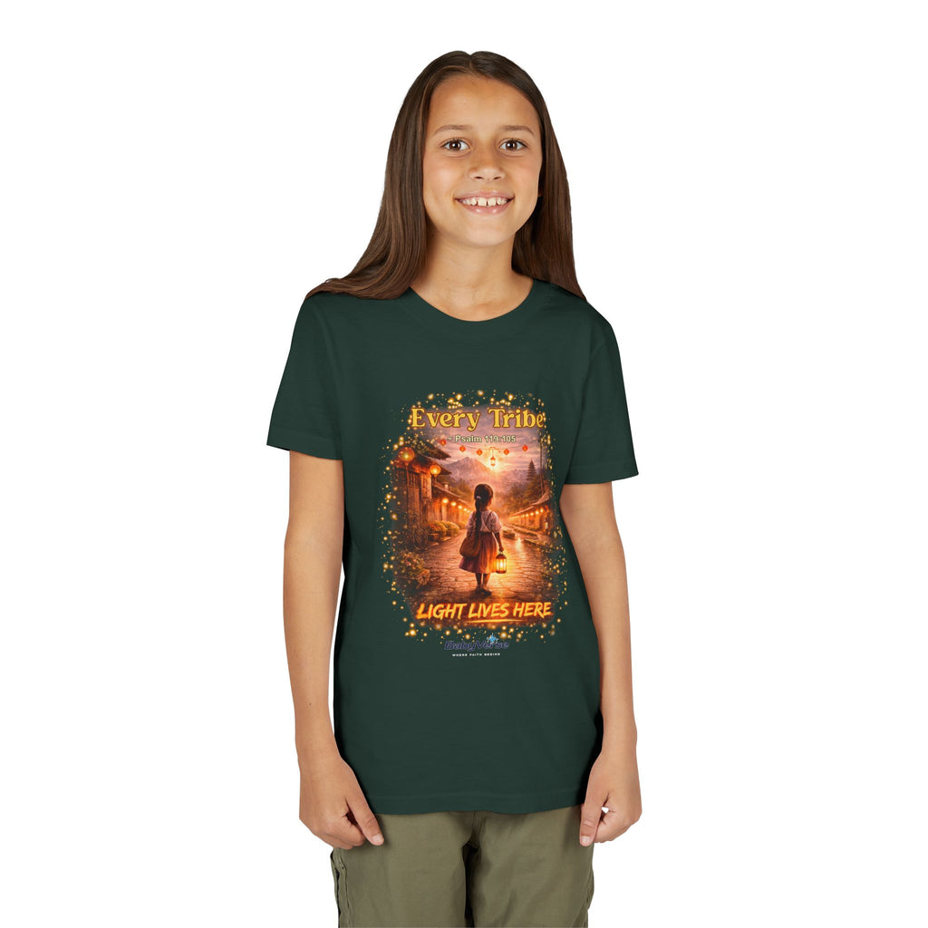Youth Christian T-Shirt “Light Lives Here” | Psalm 119:105 Faith Kids Shirt | Inspirational Youth Tee