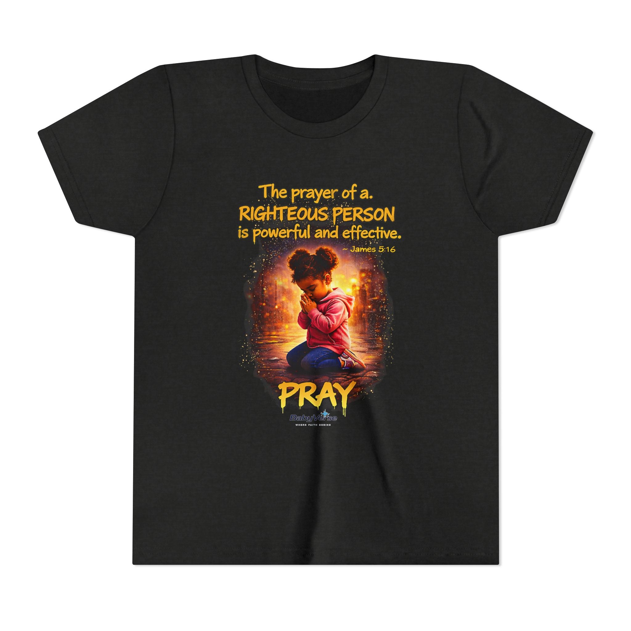 Youth Christian T-Shirt “Pray” | James 5:16 Faith Kids Shirt | Inspirational Youth Tee
