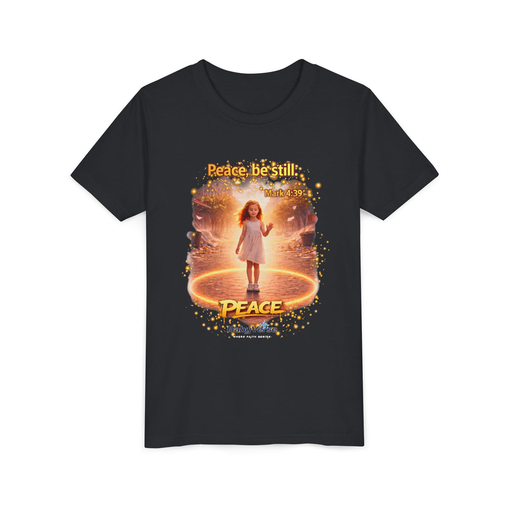 Youth Christian T-Shirt “Peace Be Still” | Mark 4:39 Kids Faith Shirt | Bible Verse Youth Tee