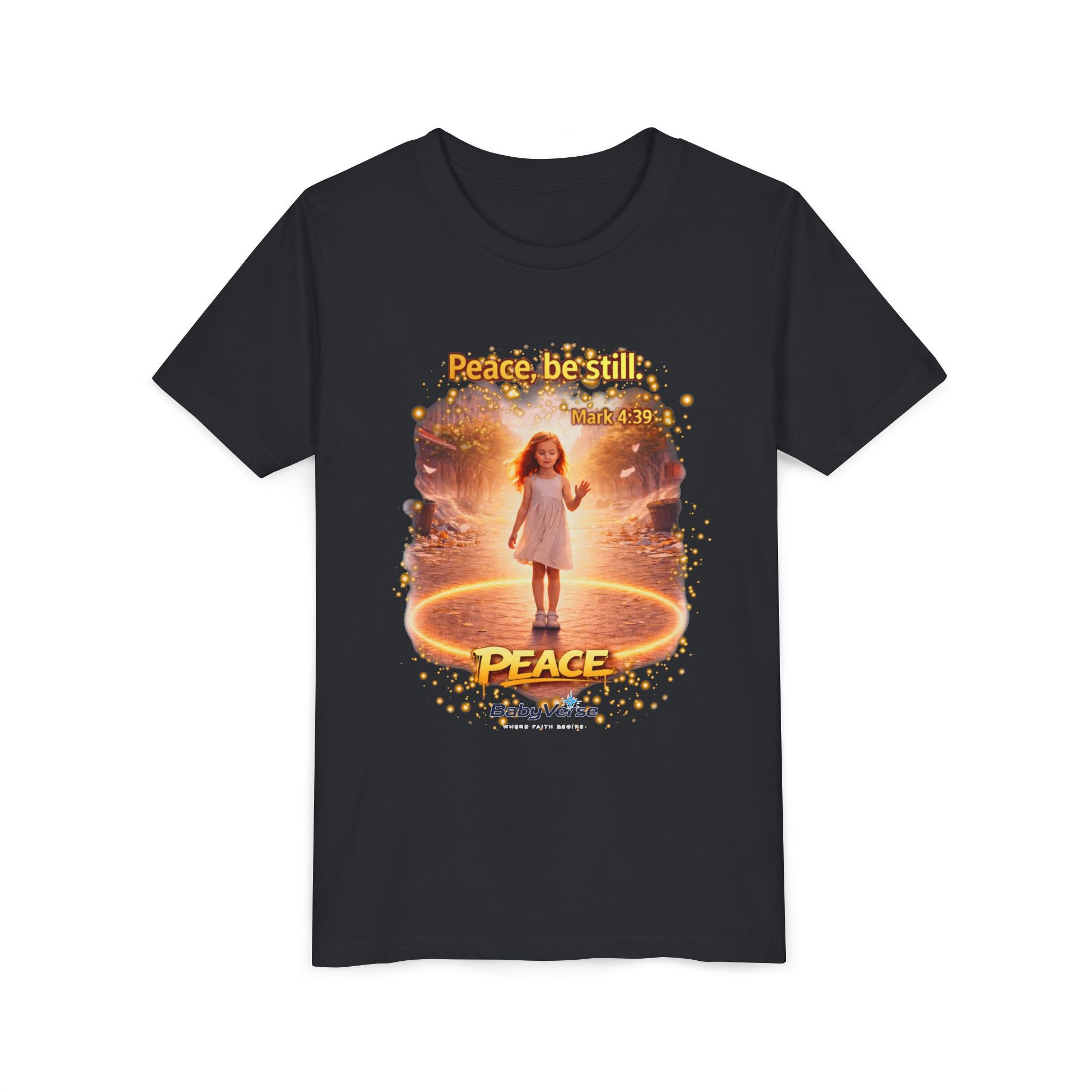 Youth Christian T-Shirt “Peace Be Still” | Mark 4:39 Kids Faith Shirt | Bible Verse Youth Tee