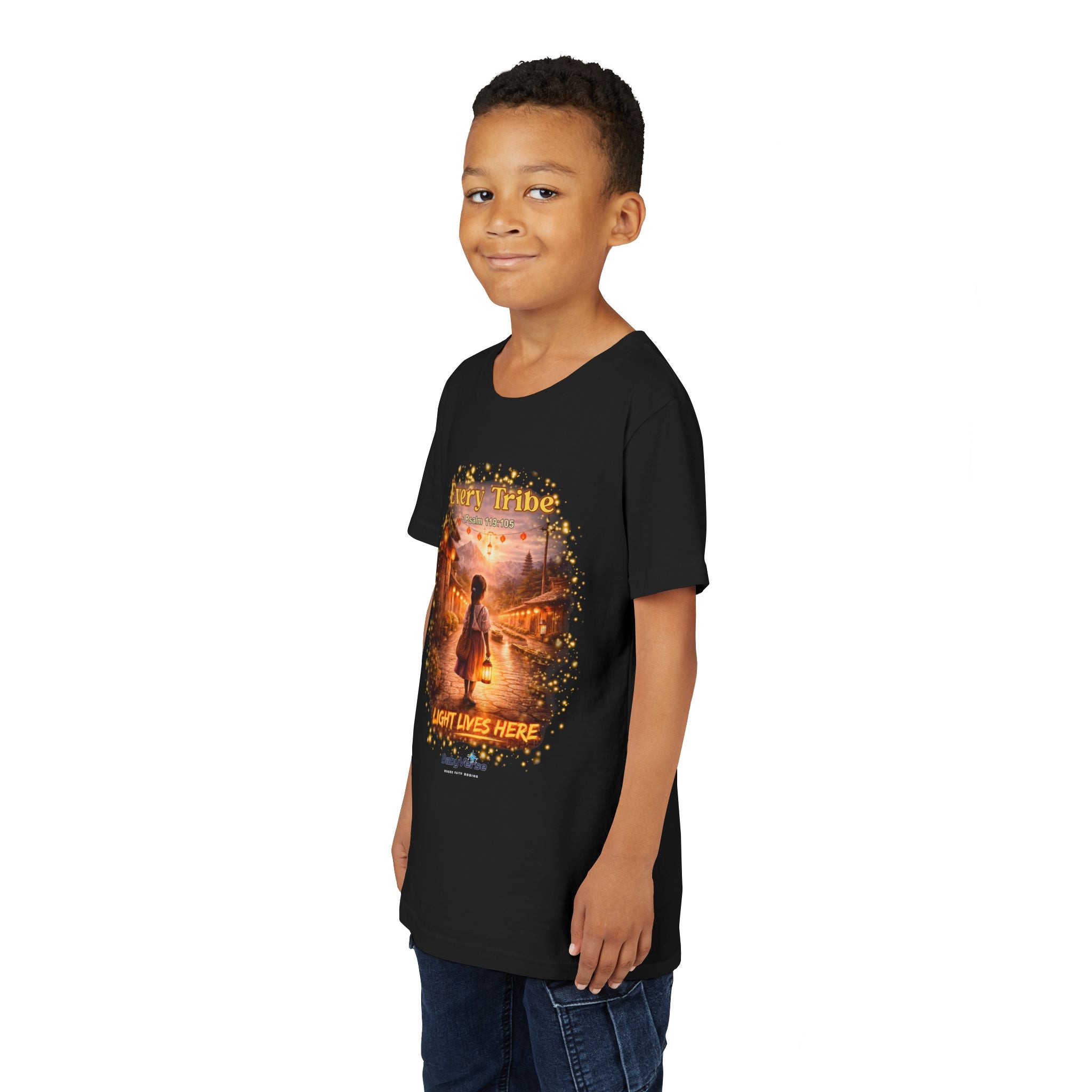 Youth Christian T-Shirt “Light Lives Here” | Psalm 119:105 Faith Kids Shirt | Inspirational Youth Tee