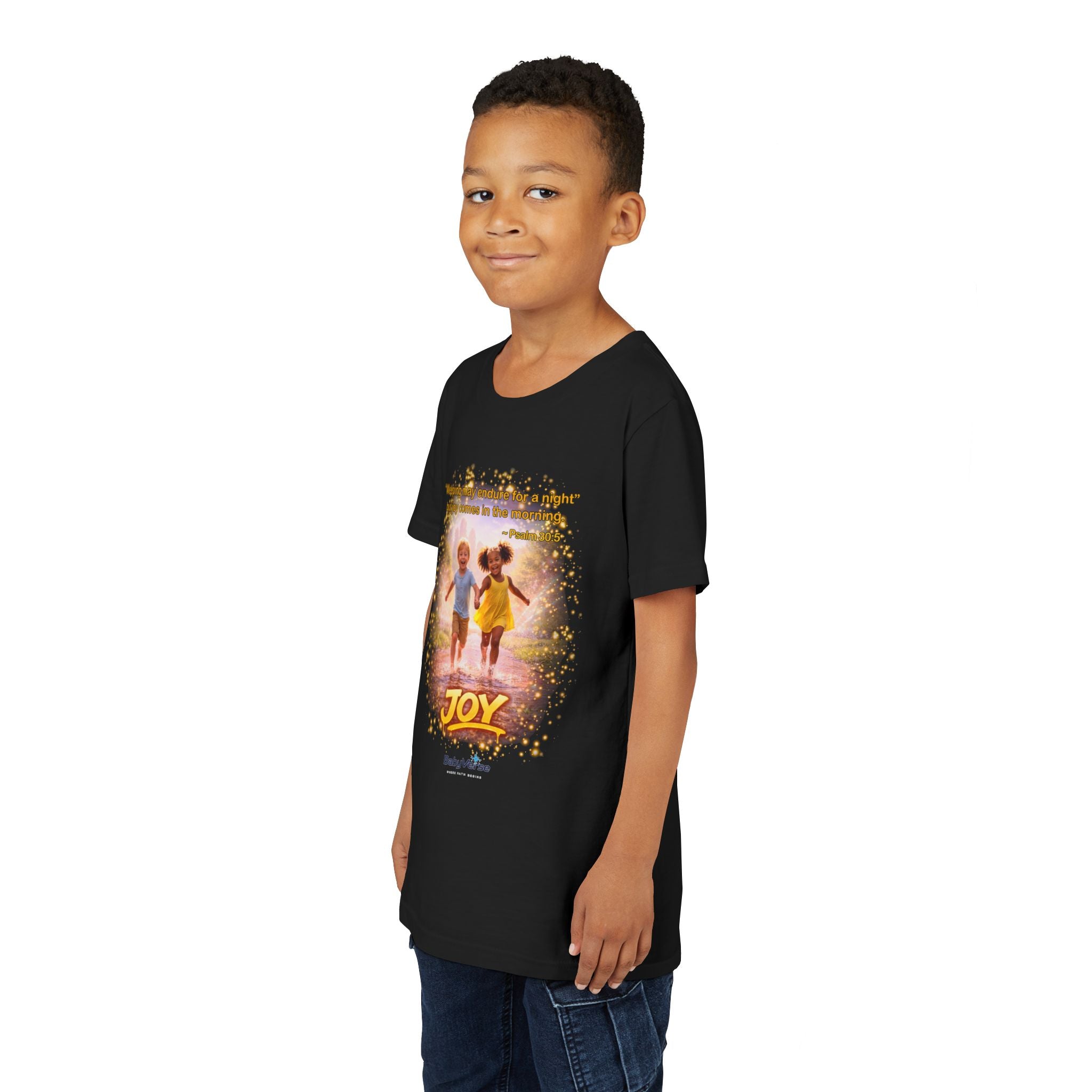 Youth Christian T-Shirt “Joy” | Psalm 30:5 Faith Kids Shirt | Inspirational Bible Verse Youth Tee