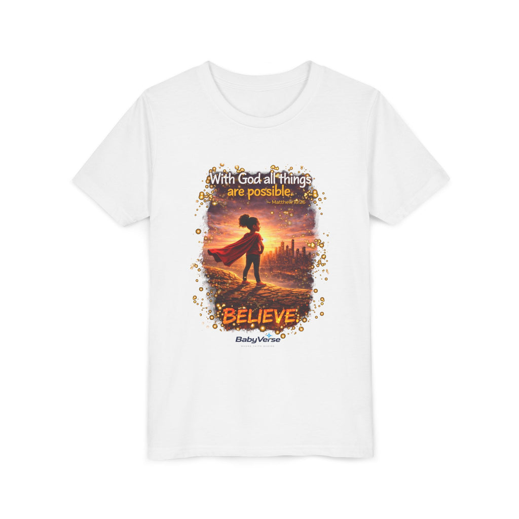 Youth Christian T-Shirt “Believe” | Matthew 19:26 Faith Kids Shirt | Inspirational Bible Verse Youth Tee