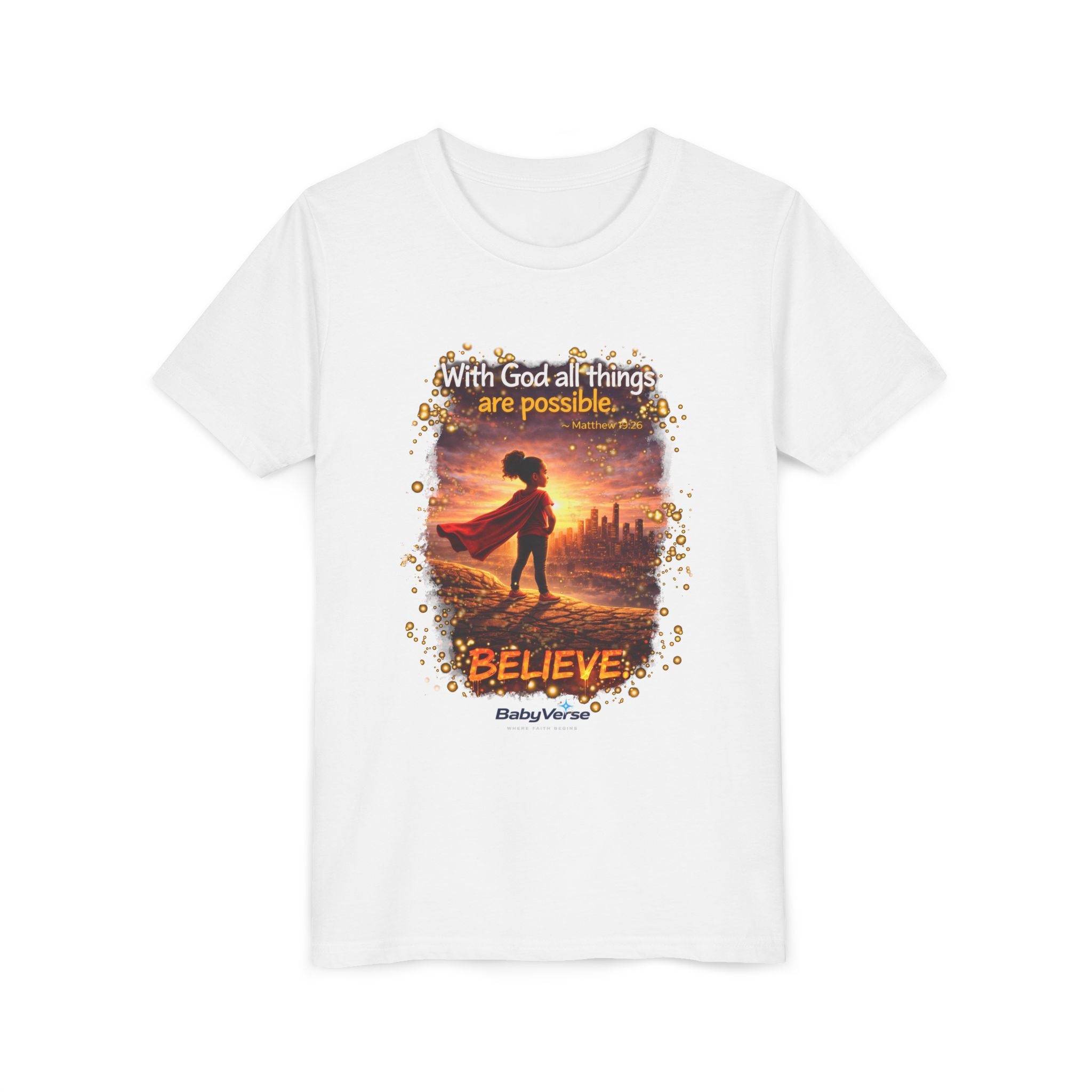 Youth Christian T-Shirt “Believe” | Matthew 19:26 Faith Kids Shirt | Inspirational Bible Verse Youth Tee