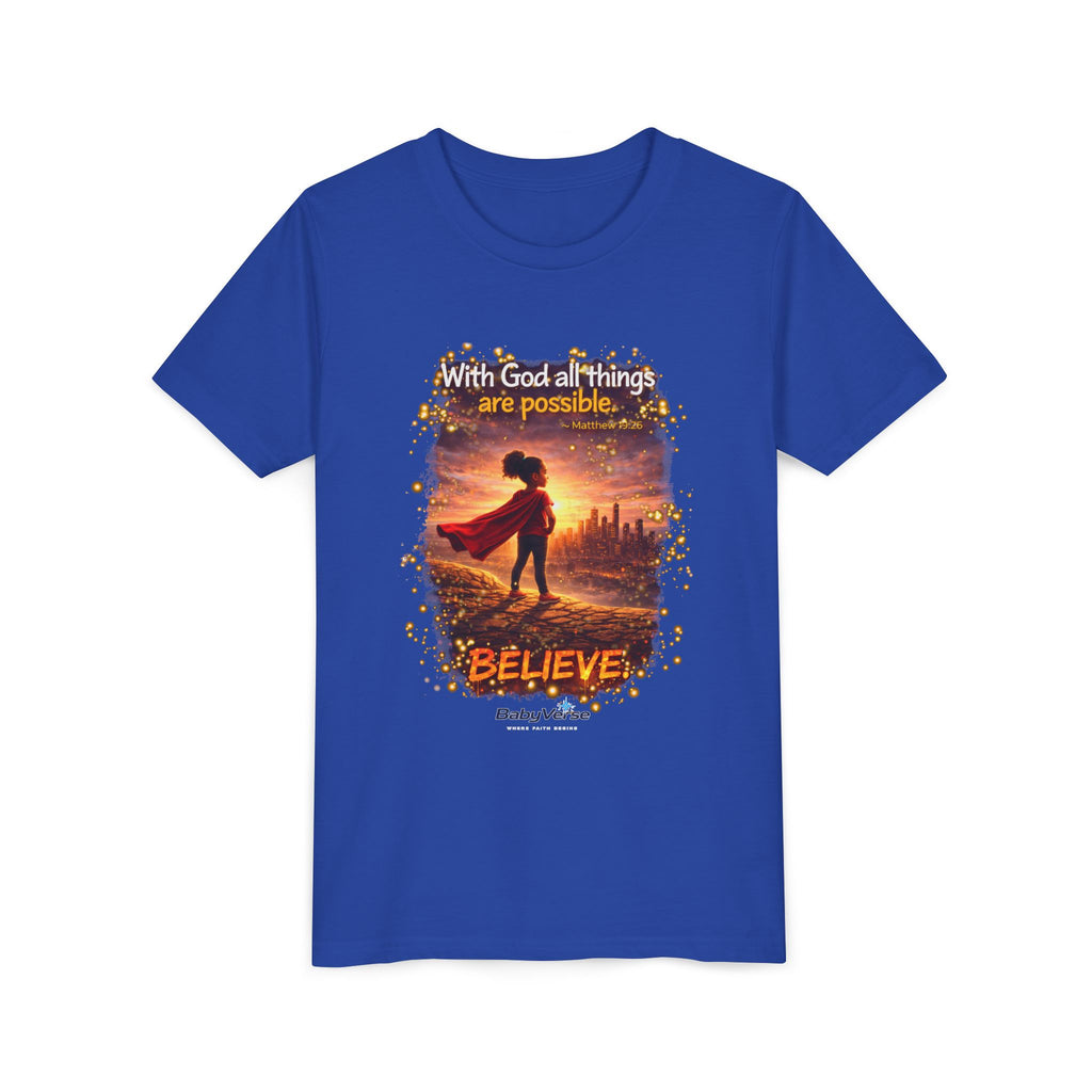 Youth Christian T-Shirt “Believe” | Matthew 19:26 Faith Kids Shirt | Inspirational Bible Verse Youth Tee