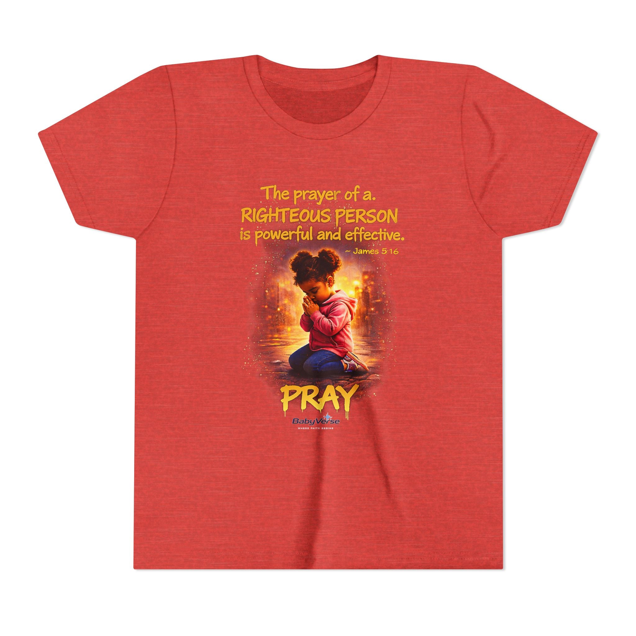 Youth Christian T-Shirt “Pray” | James 5:16 Faith Kids Shirt | Inspirational Youth Tee