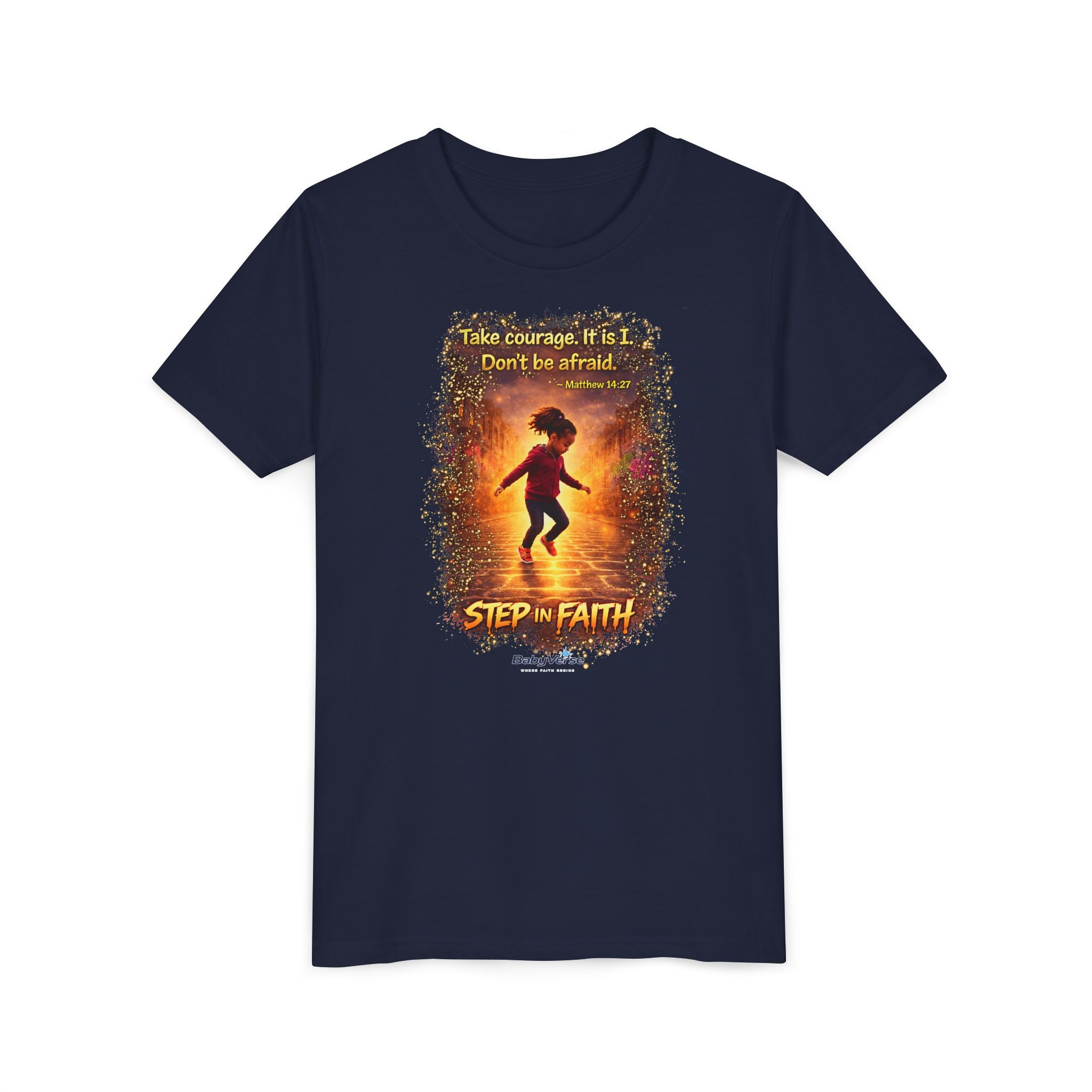 Youth Tee - 'Step Out in Faith' Inspirational Kids Christian Graphic Shirt