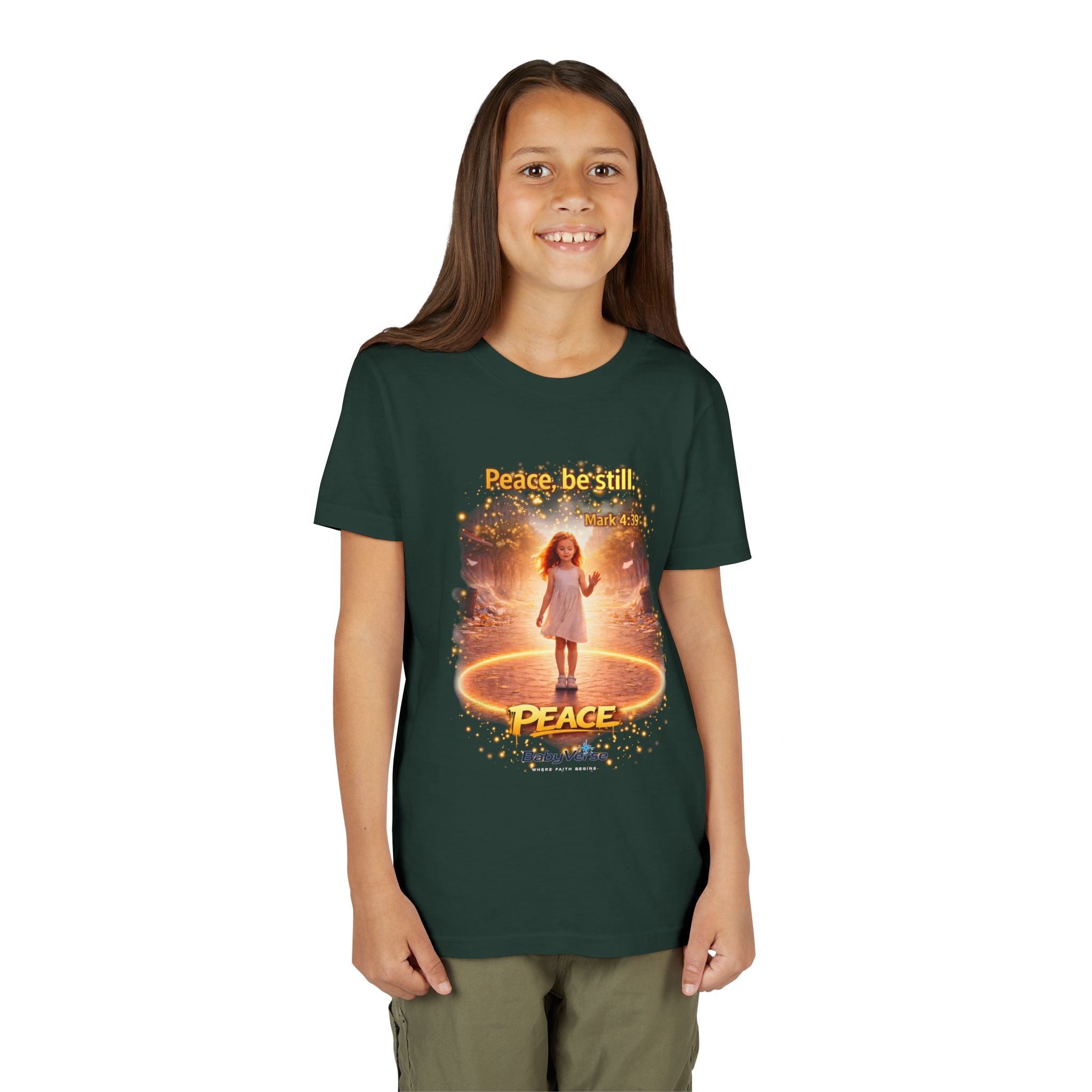 Youth Christian T-Shirt “Peace Be Still” | Mark 4:39 Kids Faith Shirt | Bible Verse Youth Tee