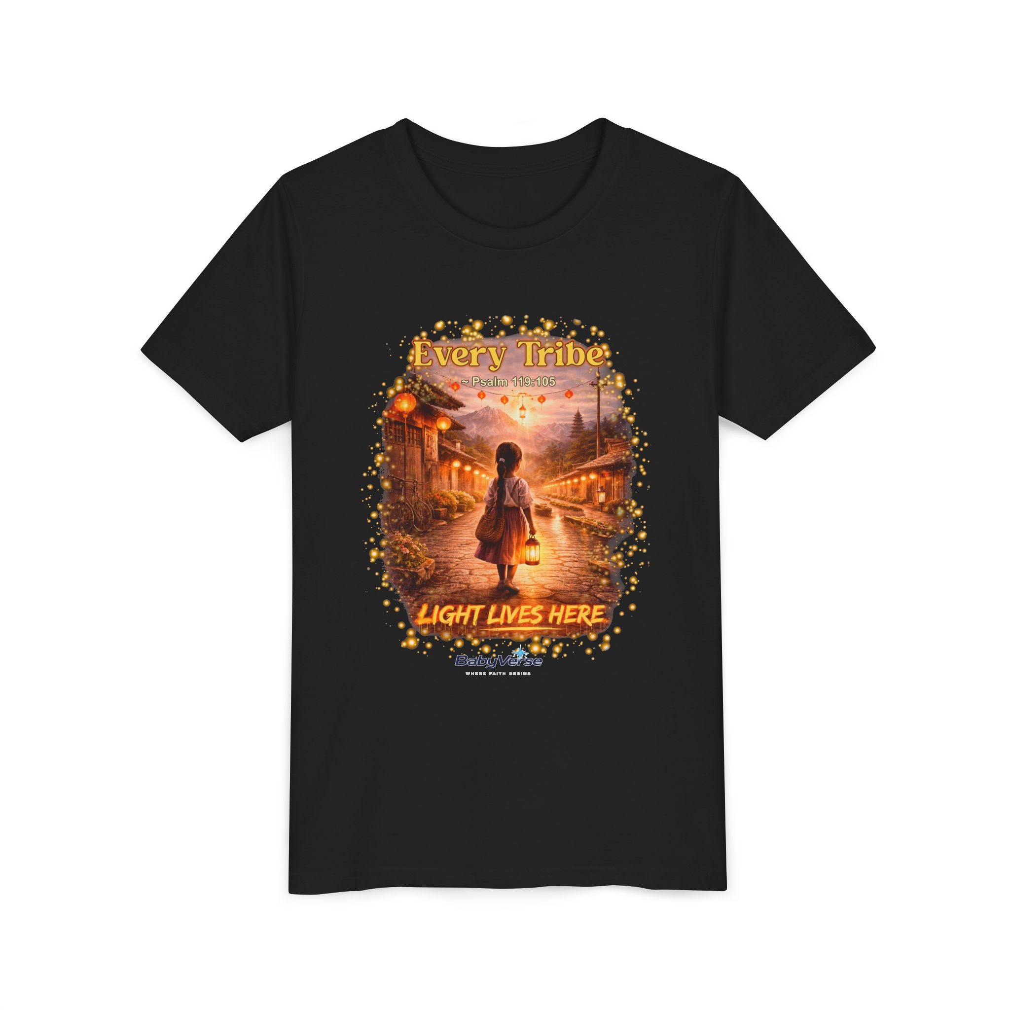 Youth Christian T-Shirt “Light Lives Here” | Psalm 119:105 Faith Kids Shirt | Inspirational Youth Tee