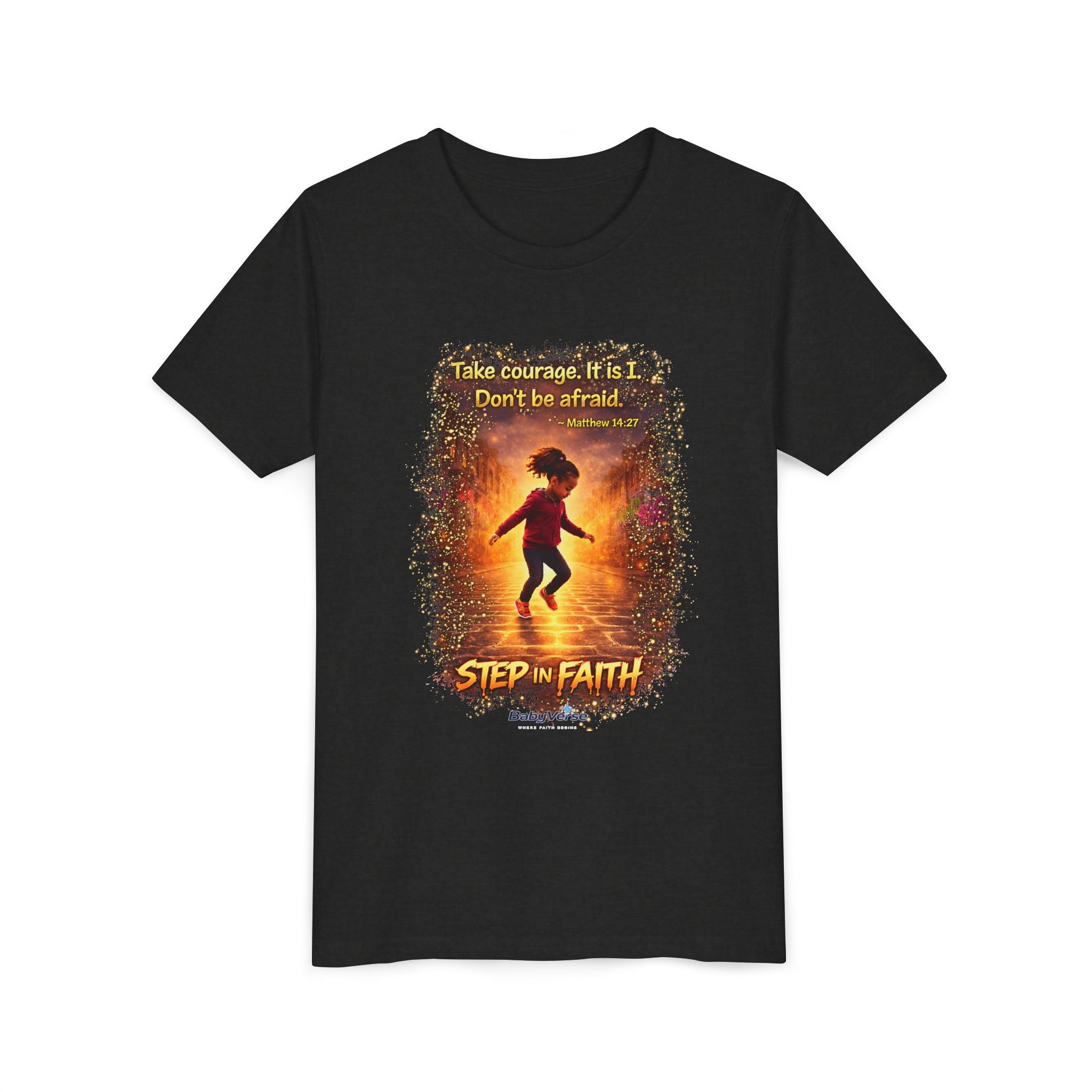 Youth Christian T-Shirt “Step in Faith” | Matthew 14:27 Kids Faith Shirt | Inspirational Bible Verse Youth Tee