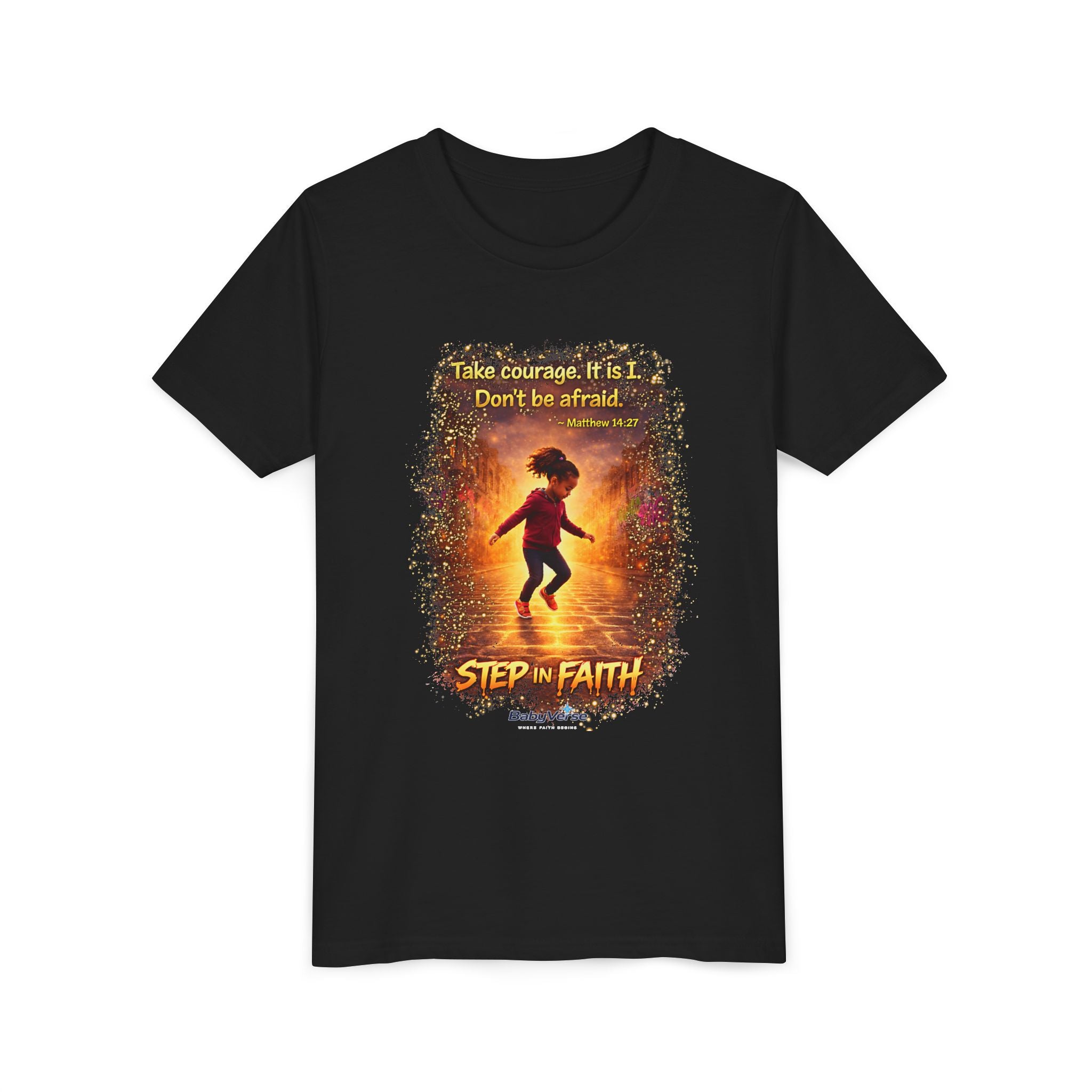 Youth Christian T-Shirt “Step in Faith” | Matthew 14:27 Kids Faith Shirt | Inspirational Bible Verse Youth Tee
