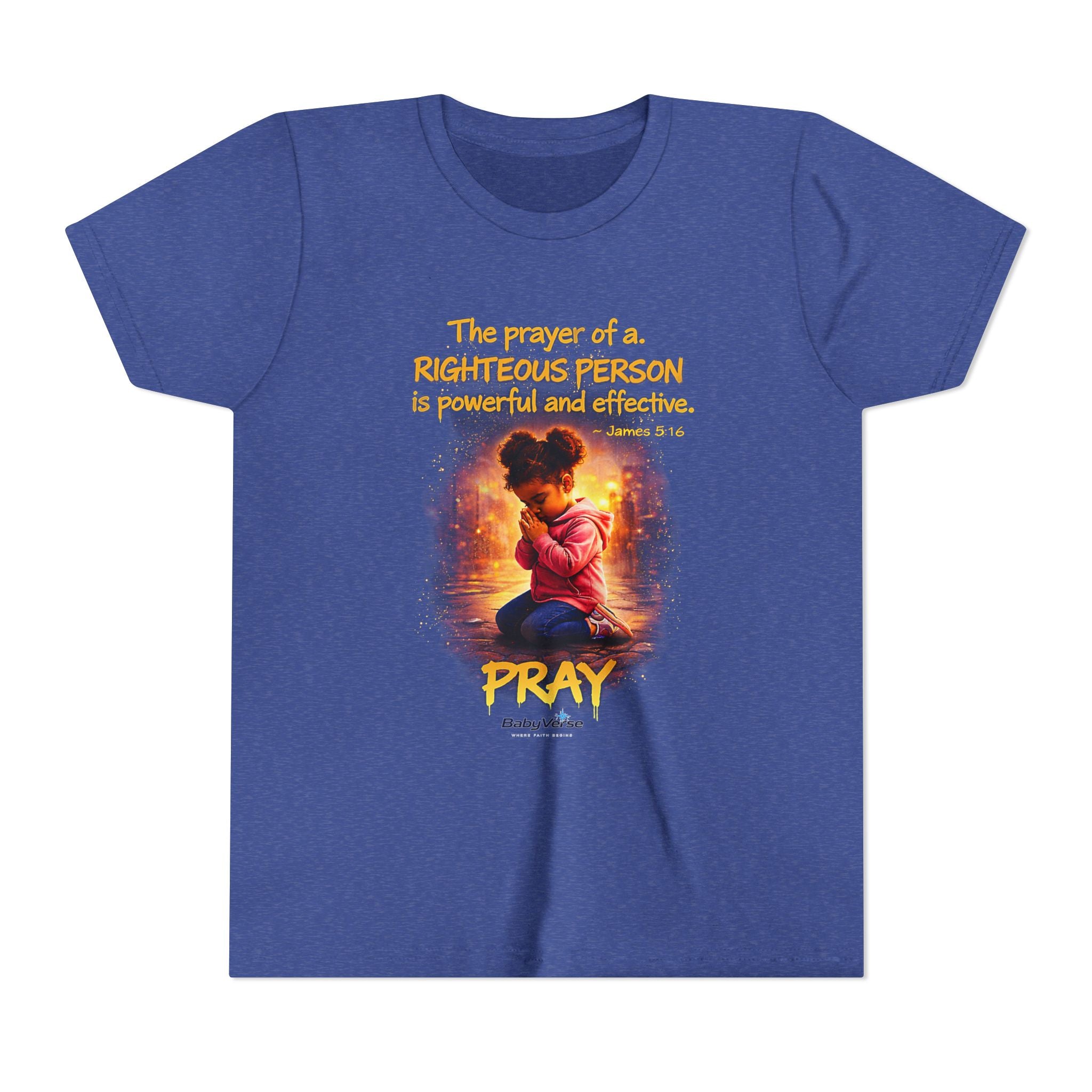 Youth Christian T-Shirt “Pray” | James 5:16 Faith Kids Shirt | Inspirational Youth Tee