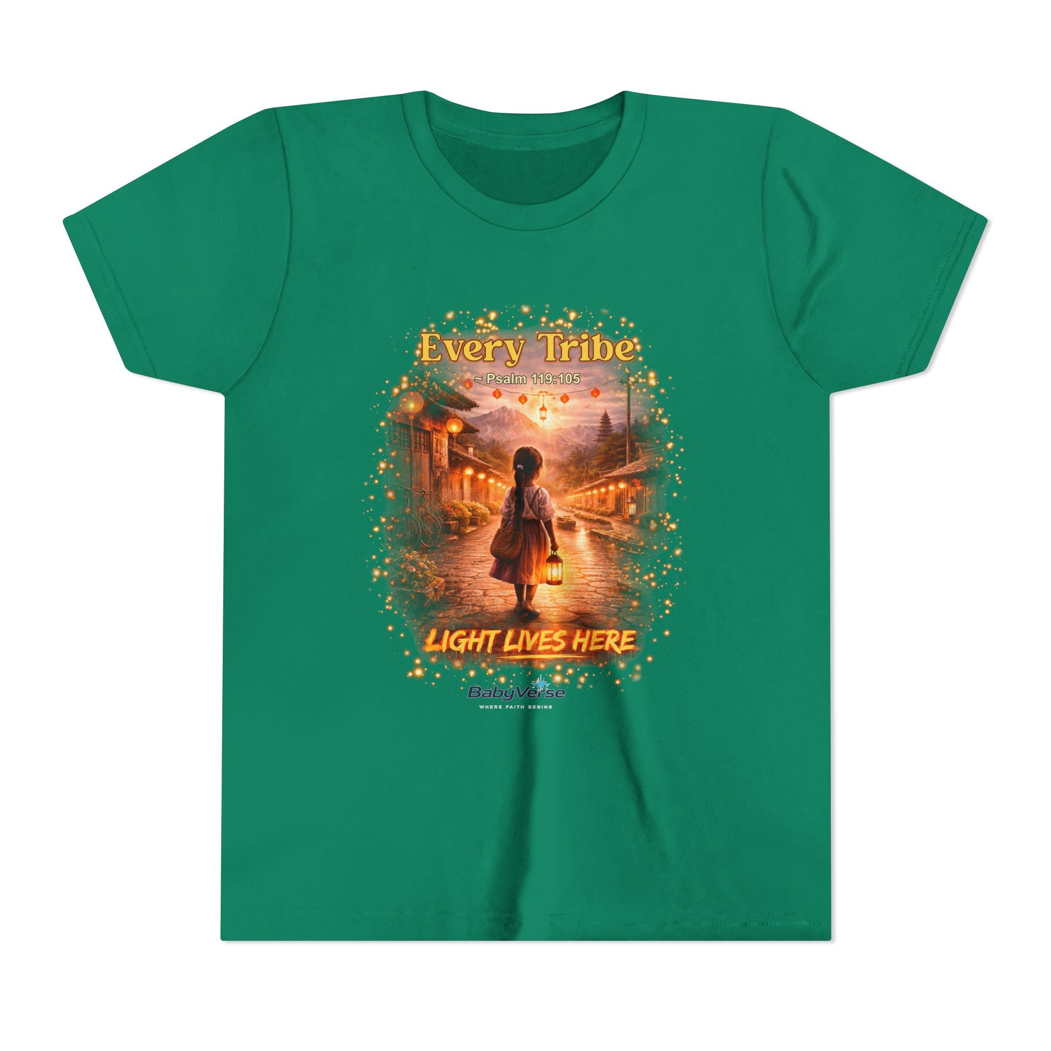 Youth Christian T-Shirt “Light Lives Here” | Psalm 119:105 Faith Kids Shirt | Inspirational Youth Tee