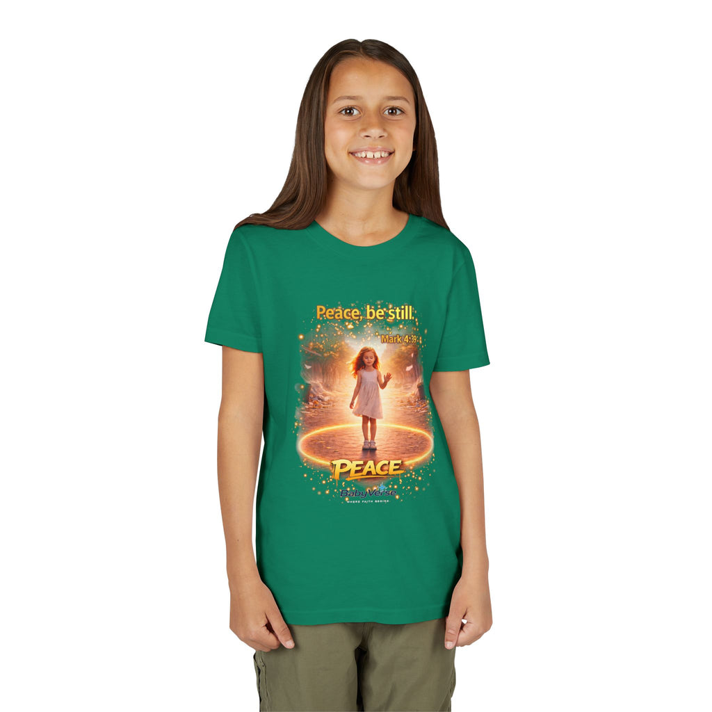 Youth Christian T-Shirt “Peace Be Still” | Mark 4:39 Kids Faith Shirt | Bible Verse Youth Tee