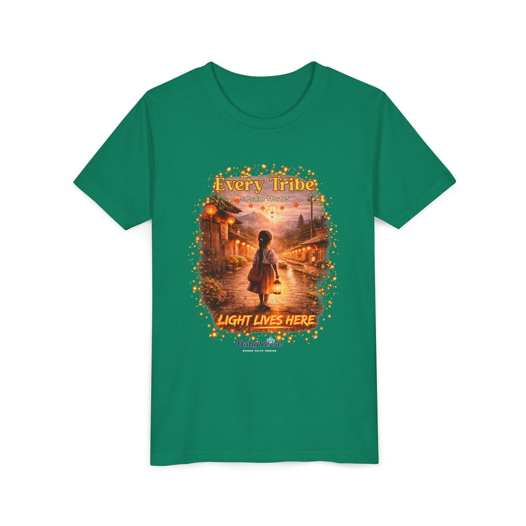 Youth Christian T-Shirt “Light Lives Here” | Psalm 119:105 Faith Kids Shirt | Inspirational Youth Tee