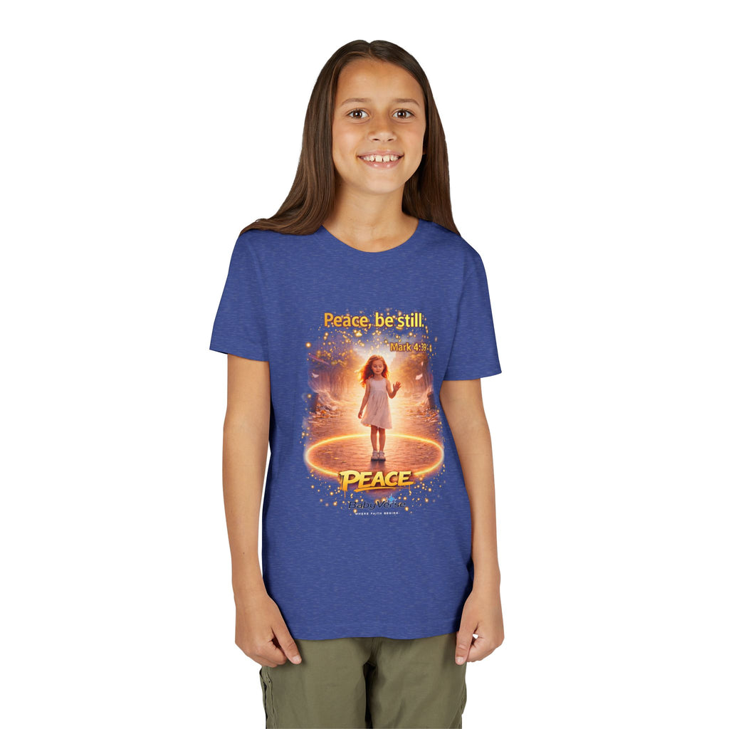 Youth Christian T-Shirt “Peace Be Still” | Mark 4:39 Kids Faith Shirt | Bible Verse Youth Tee