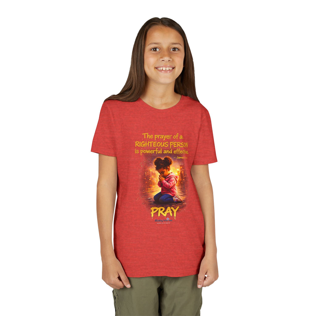 Youth Christian T-Shirt “Pray” | James 5:16 Faith Kids Shirt | Inspirational Youth Tee