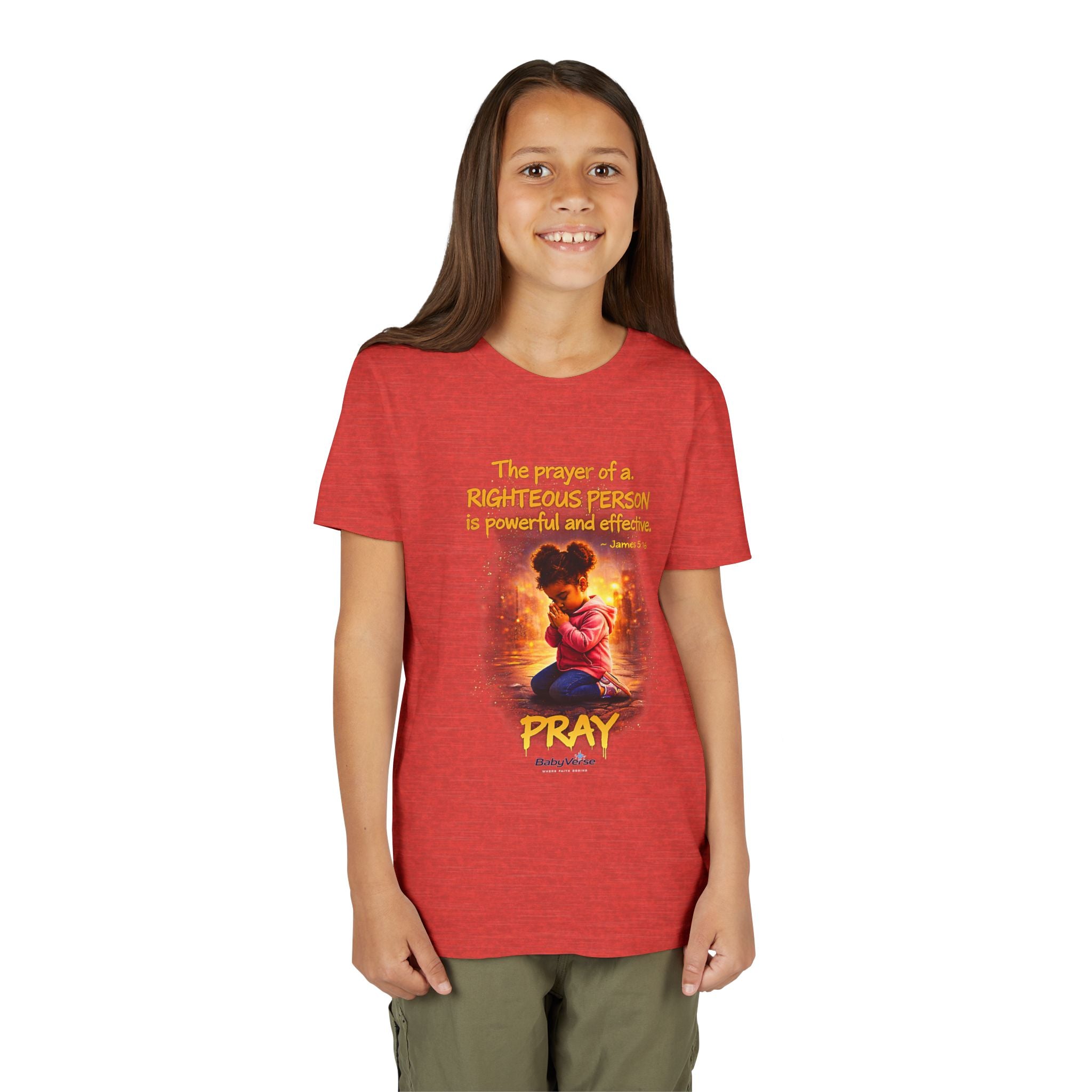 Youth Christian T-Shirt “Pray” | James 5:16 Faith Kids Shirt | Inspirational Youth Tee