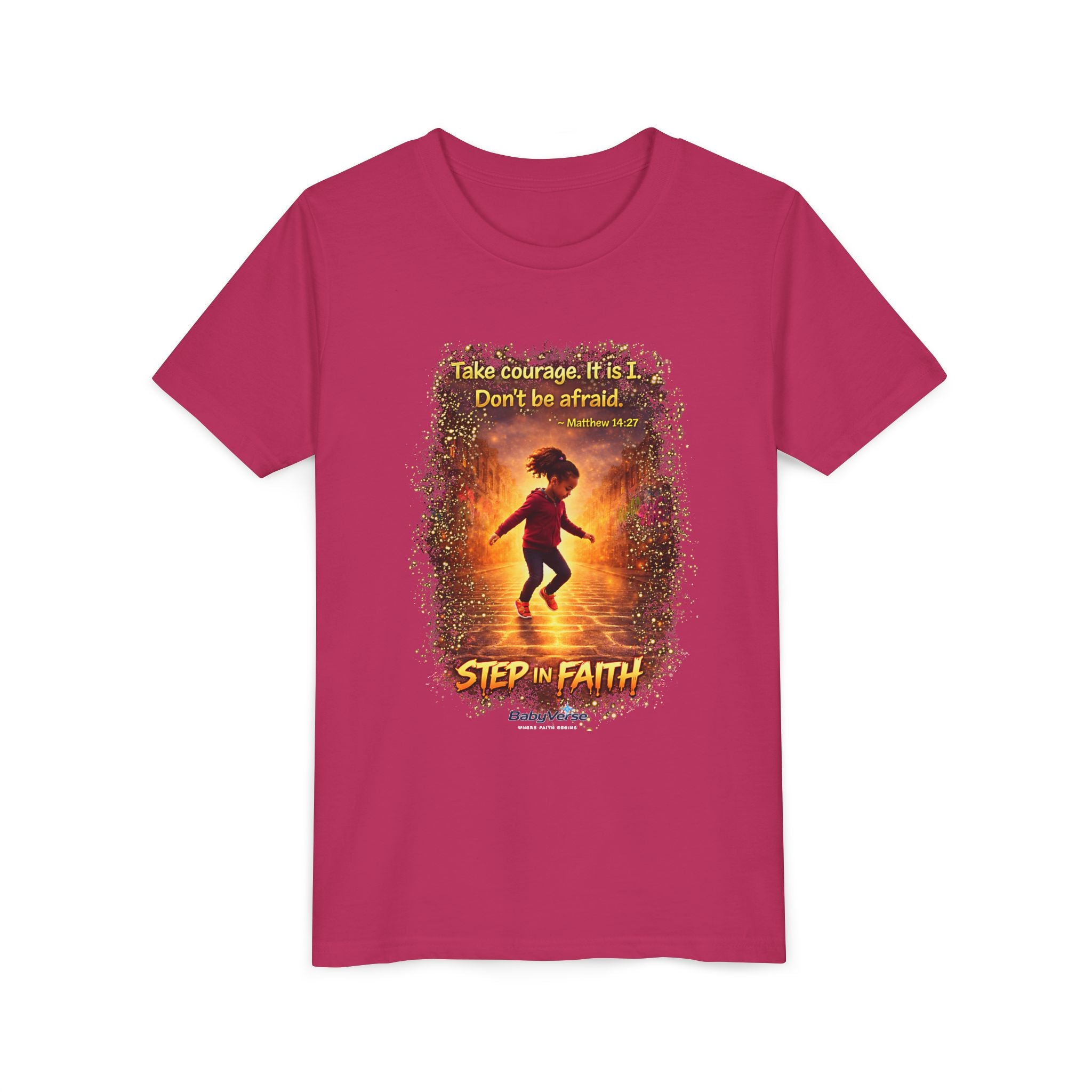 Youth Christian T-Shirt “Step in Faith” | Matthew 14:27 Kids Faith Shirt | Inspirational Bible Verse Youth Tee