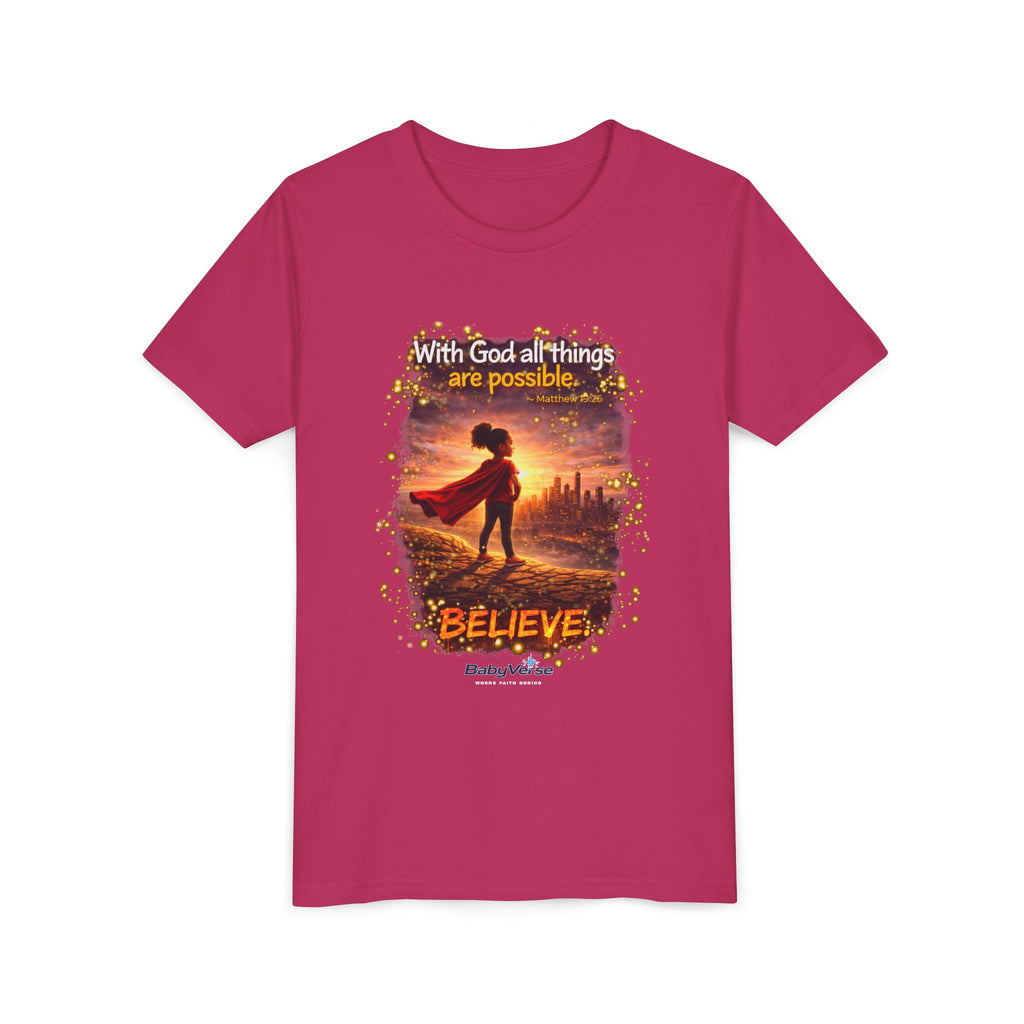 Youth Christian T-Shirt “Believe” | Matthew 19:26 Faith Kids Shirt | Inspirational Bible Verse Youth Tee