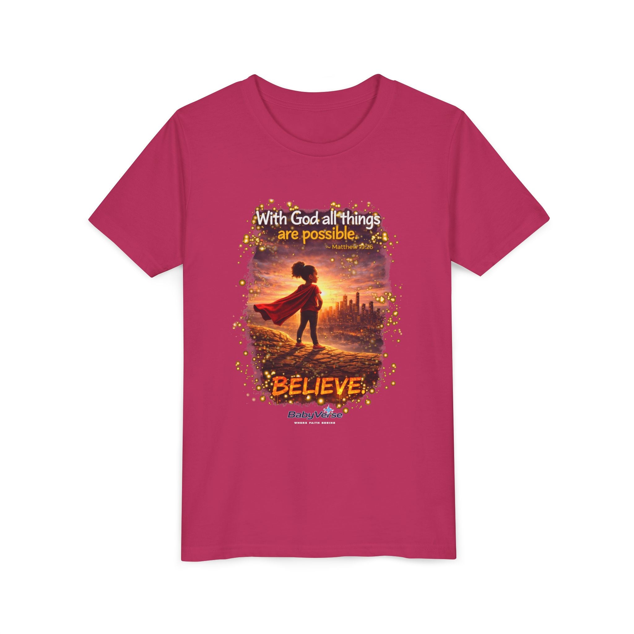 Youth Christian T-Shirt “Believe” | Matthew 19:26 Faith Kids Shirt | Inspirational Bible Verse Youth Tee