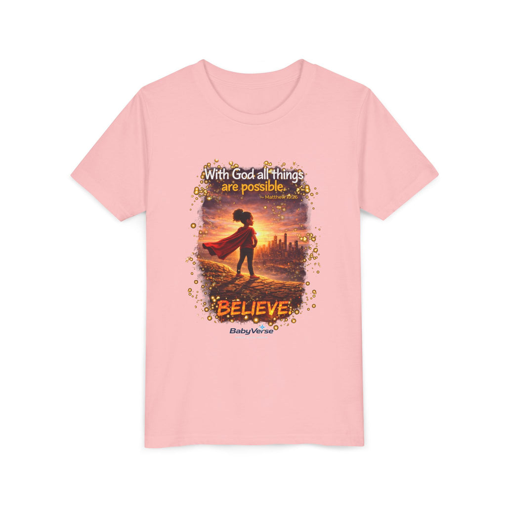 Youth Christian T-Shirt “Believe” | Matthew 19:26 Faith Kids Shirt | Inspirational Bible Verse Youth Tee