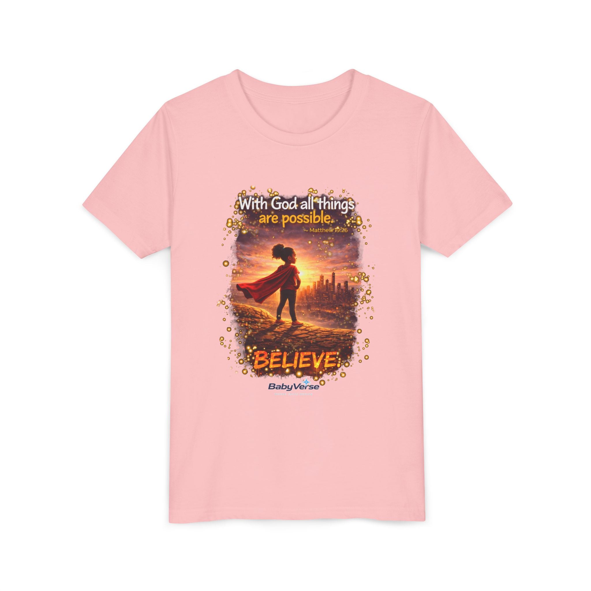 Youth Christian T-Shirt “Believe” | Matthew 19:26 Faith Kids Shirt | Inspirational Bible Verse Youth Tee