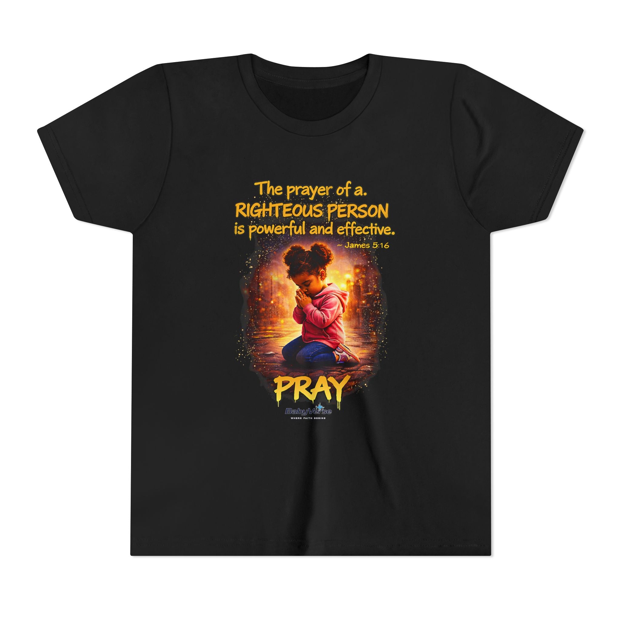 Youth Christian T-Shirt “Pray” | James 5:16 Faith Kids Shirt | Inspirational Youth Tee