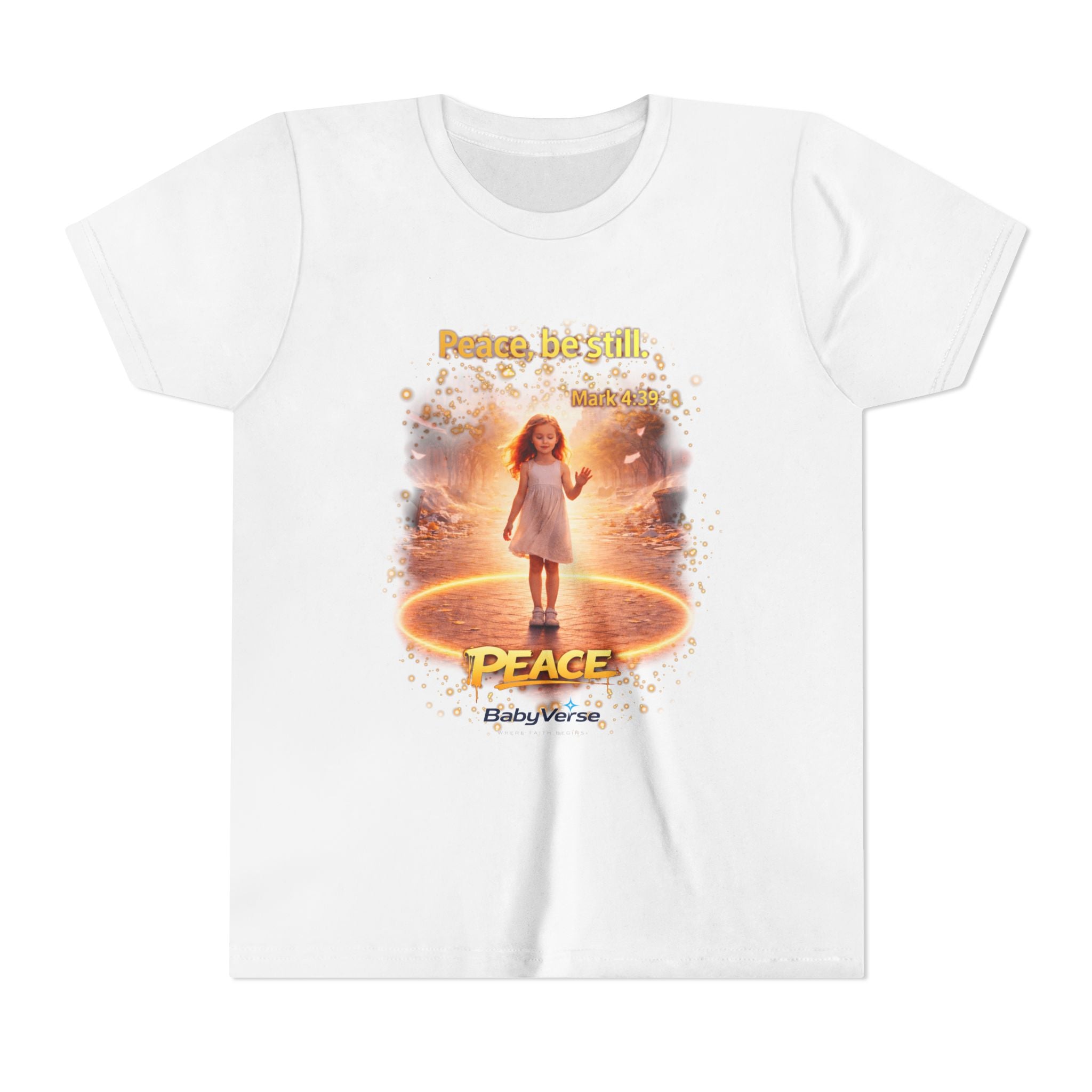 Youth Christian T-Shirt “Peace Be Still” | Mark 4:39 Kids Faith Shirt | Bible Verse Youth Tee