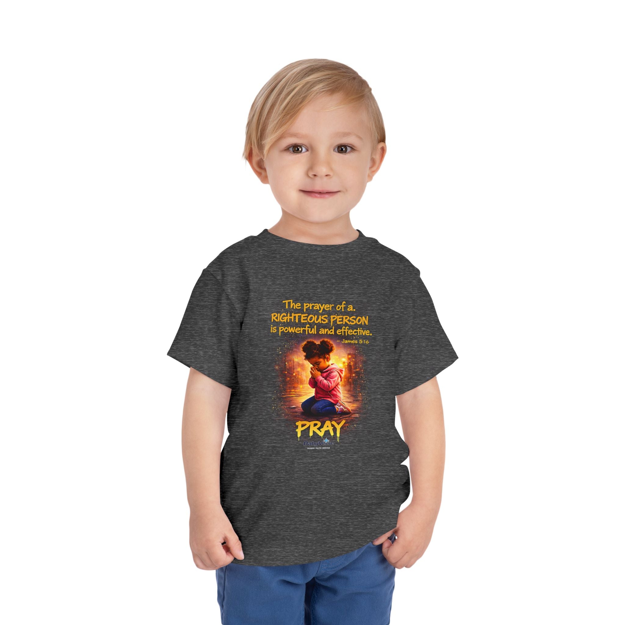 Toddler Tee — “Pray” Inspirational Christian Tee | James 5:16 Bible Verse Faith Shirt for Kids