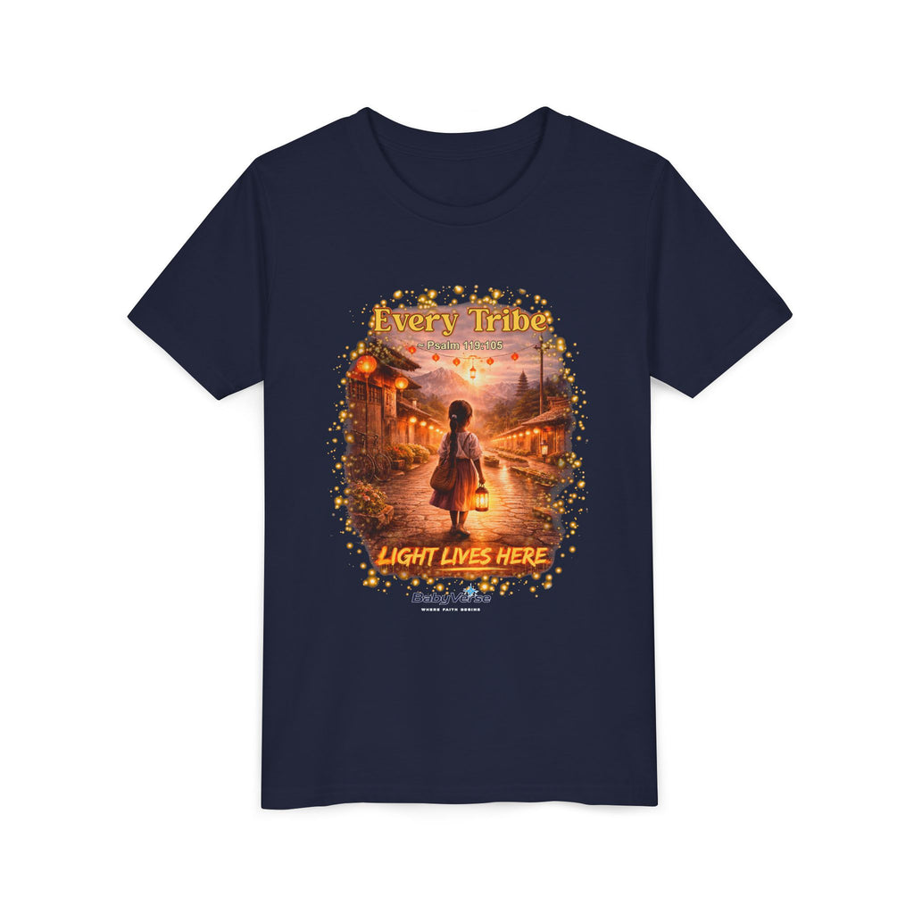 Youth Christian T-Shirt “Light Lives Here” | Psalm 119:105 Faith Kids Shirt | Inspirational Youth Tee
