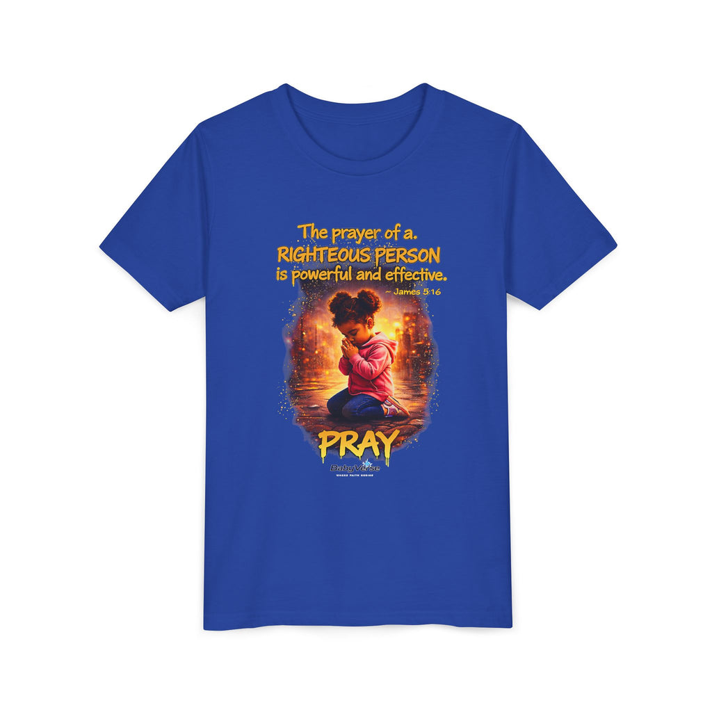 Youth Christian T-Shirt “Pray” | James 5:16 Faith Kids Shirt | Inspirational Youth Tee