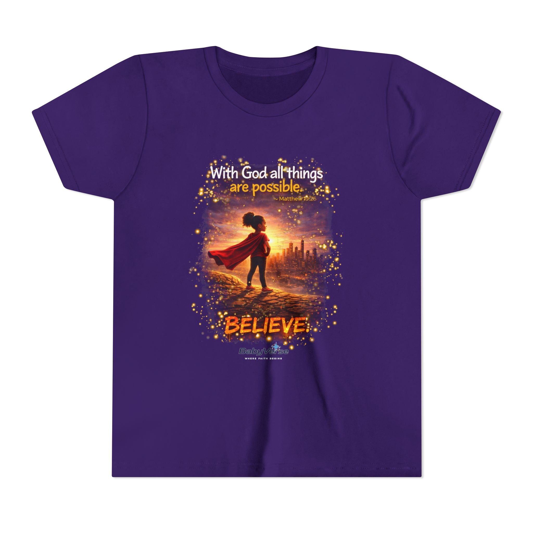 Youth Christian T-Shirt “Believe” | Matthew 19:26 Faith Kids Shirt | Inspirational Bible Verse Youth Tee