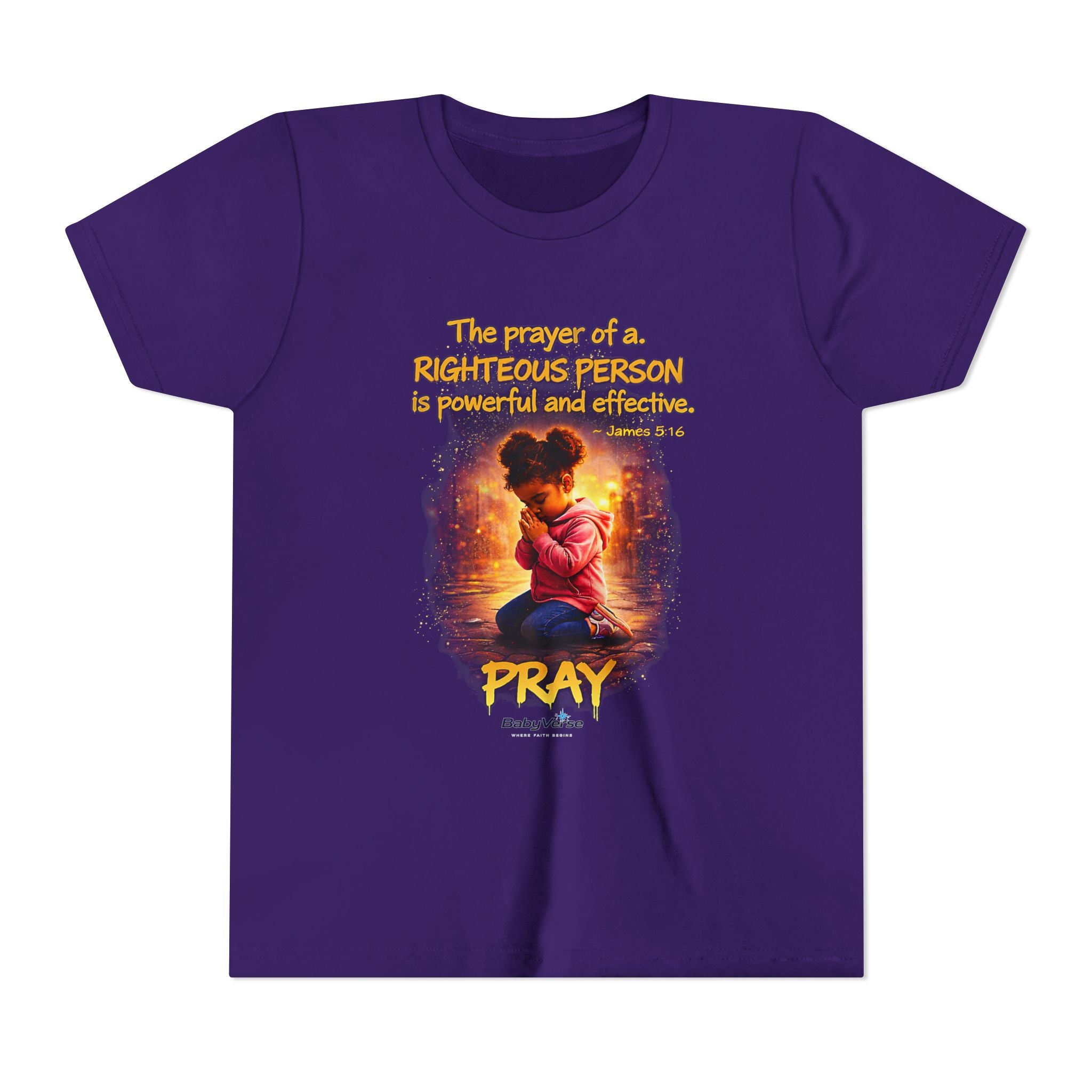 Youth Christian T-Shirt “Pray” | James 5:16 Faith Kids Shirt | Inspirational Youth Tee