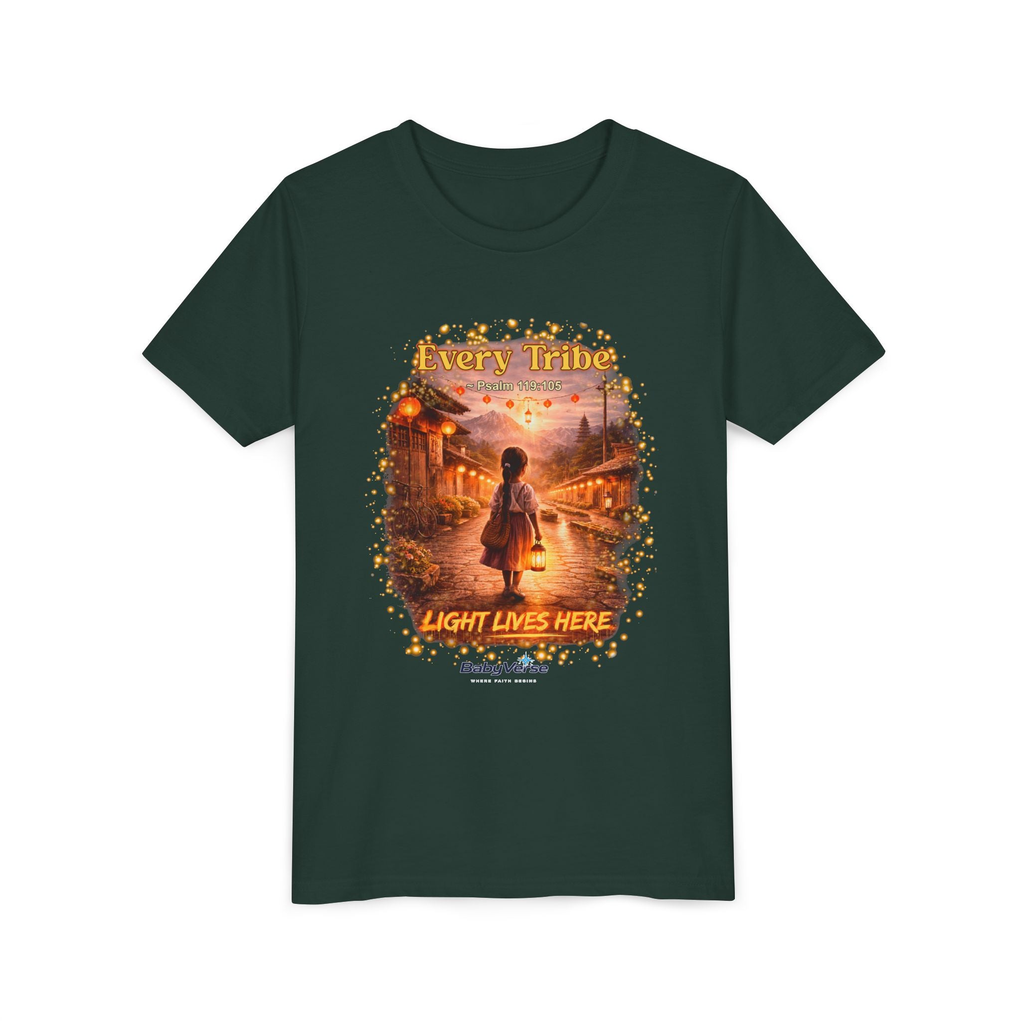 Youth Christian T-Shirt “Light Lives Here” | Psalm 119:105 Faith Kids Shirt | Inspirational Youth Tee