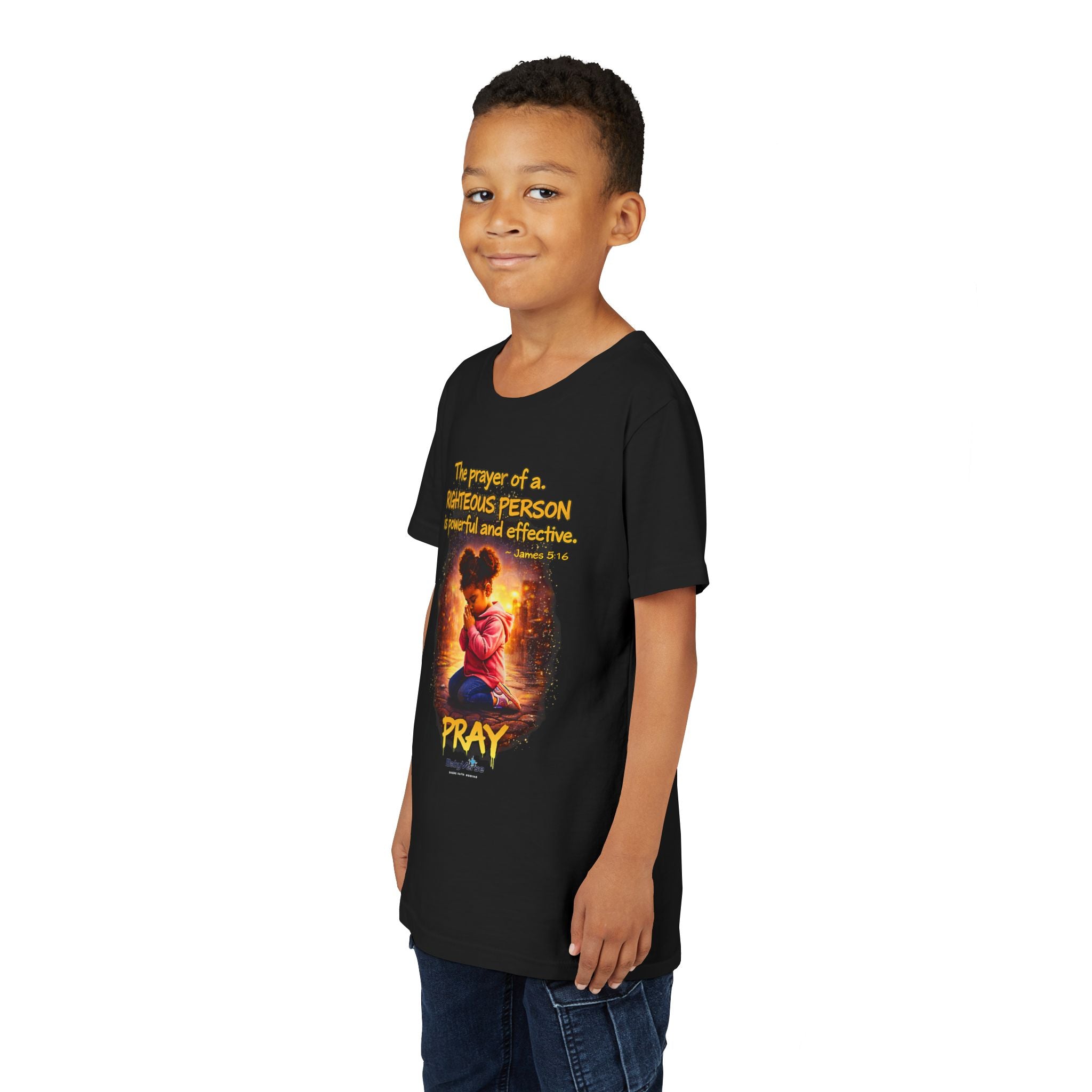 Youth Christian T-Shirt “Pray” | James 5:16 Faith Kids Shirt | Inspirational Youth Tee